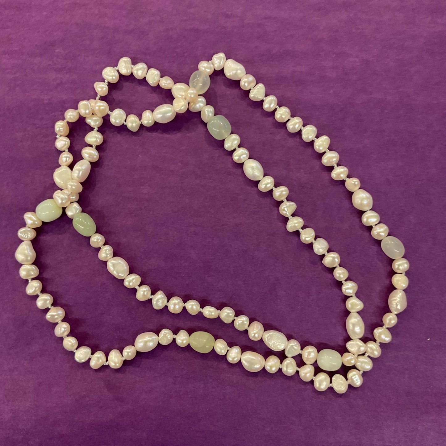 Vintage Ivory Fresh Water Pearl and Jade Beaded Opera Length Necklace, Palest Green Jade, Hand Knotted