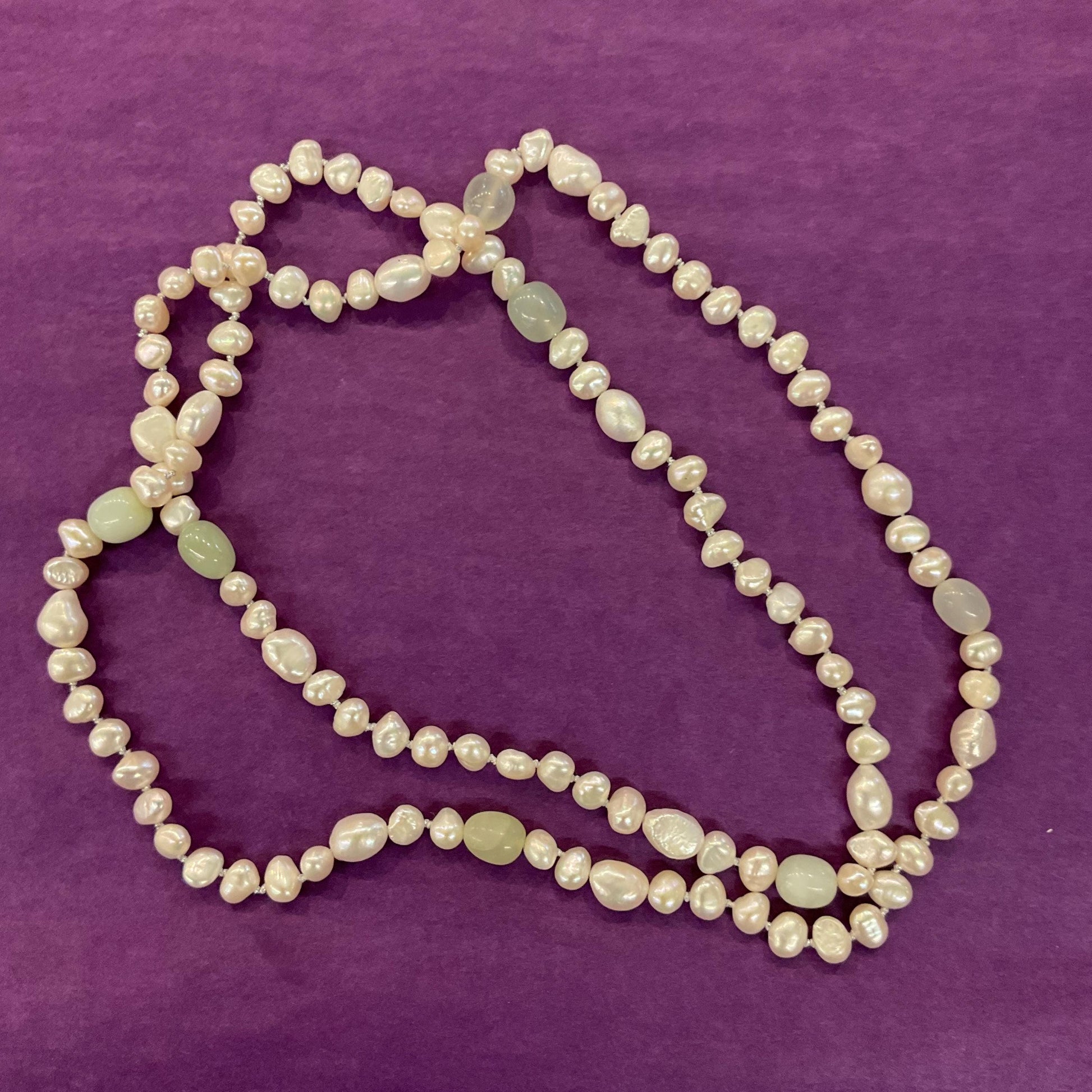 Vintage Ivory Fresh Water Pearl and Jade Beaded Opera Length Necklace, Palest Green Jade, Hand Knotted