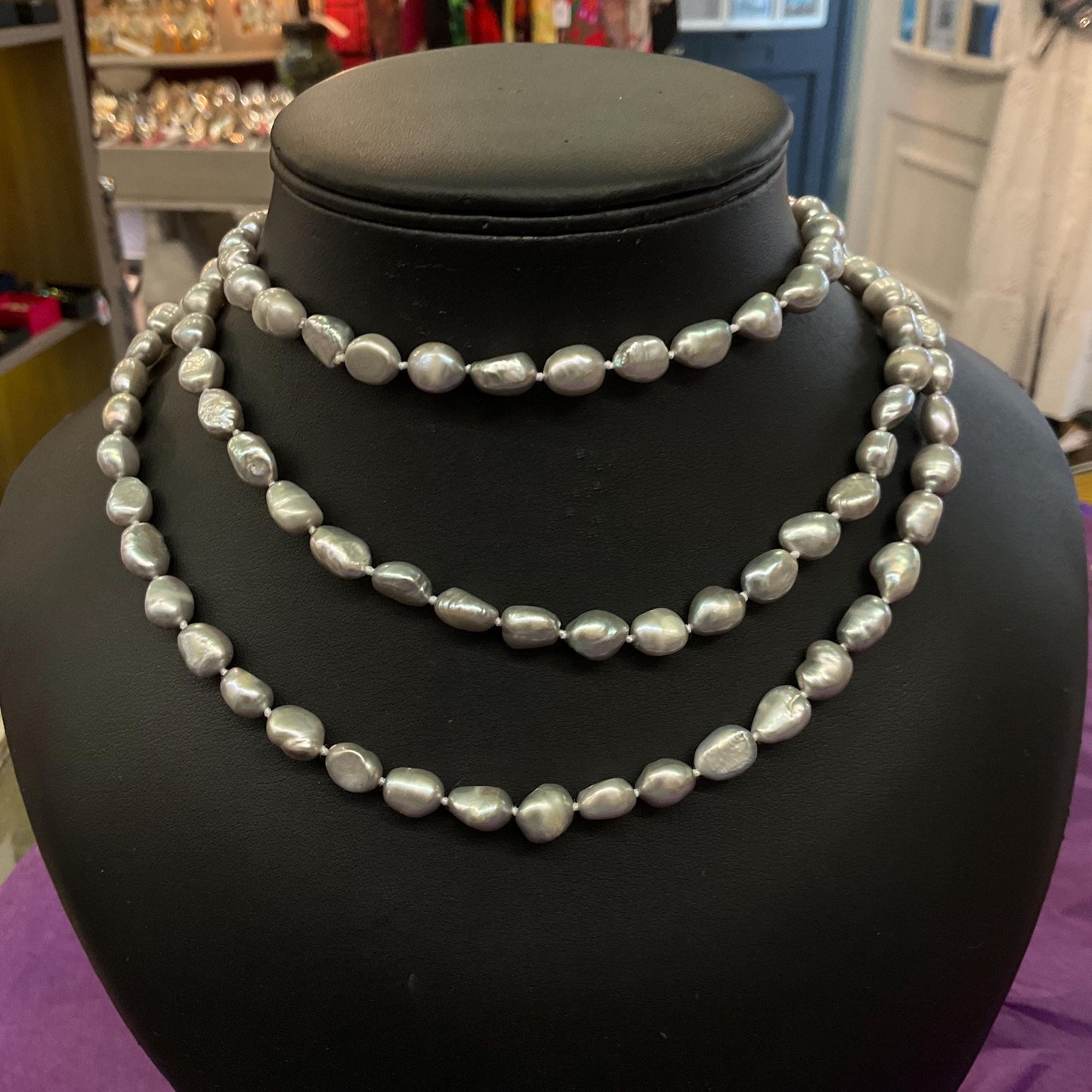 Vintage Silver Fresh Water Pearl Opera Length Beaded Necklace , Hand knotted cord