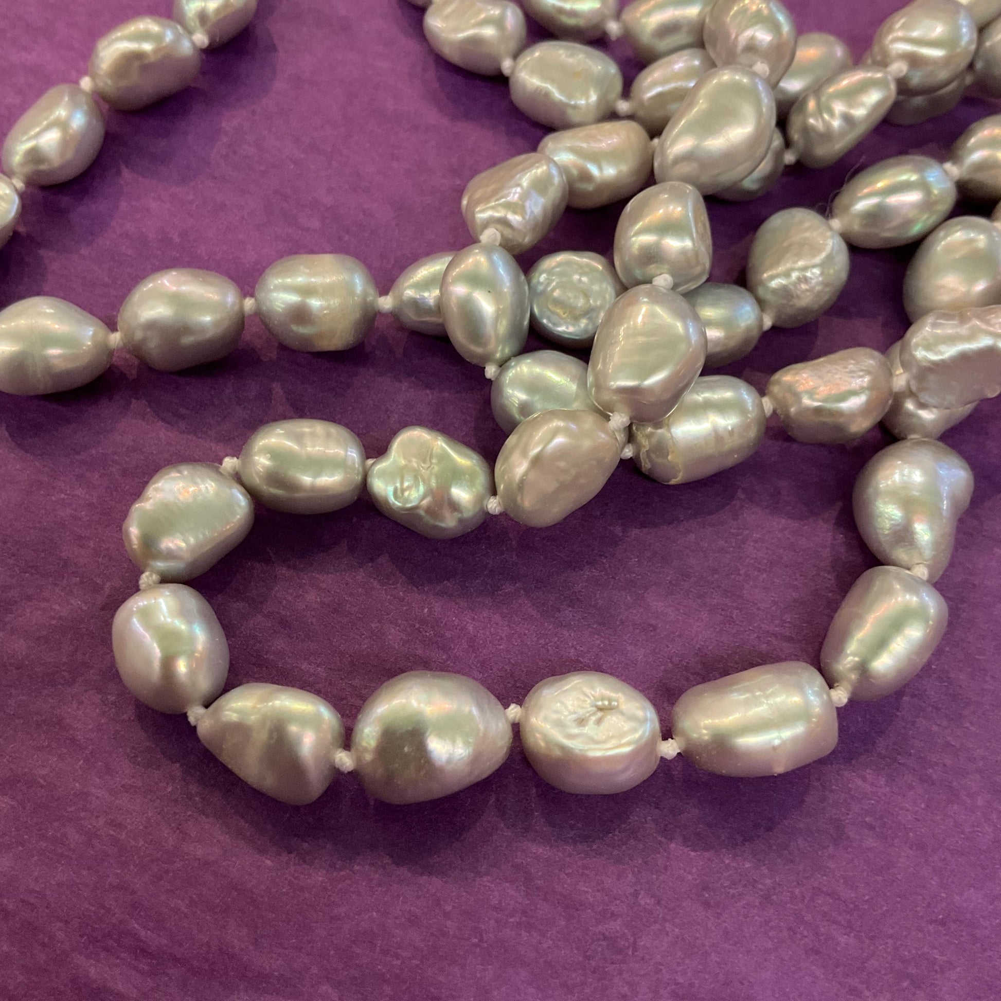 Vintage Silver Fresh Water Pearl Opera Length Beaded Necklace , Hand knotted cord