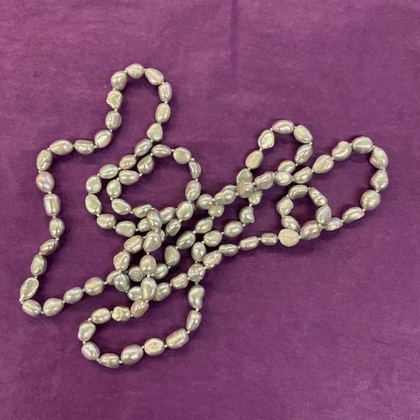 Vintage Silver Fresh Water Pearl Opera Length Beaded Necklace , Hand knotted cord