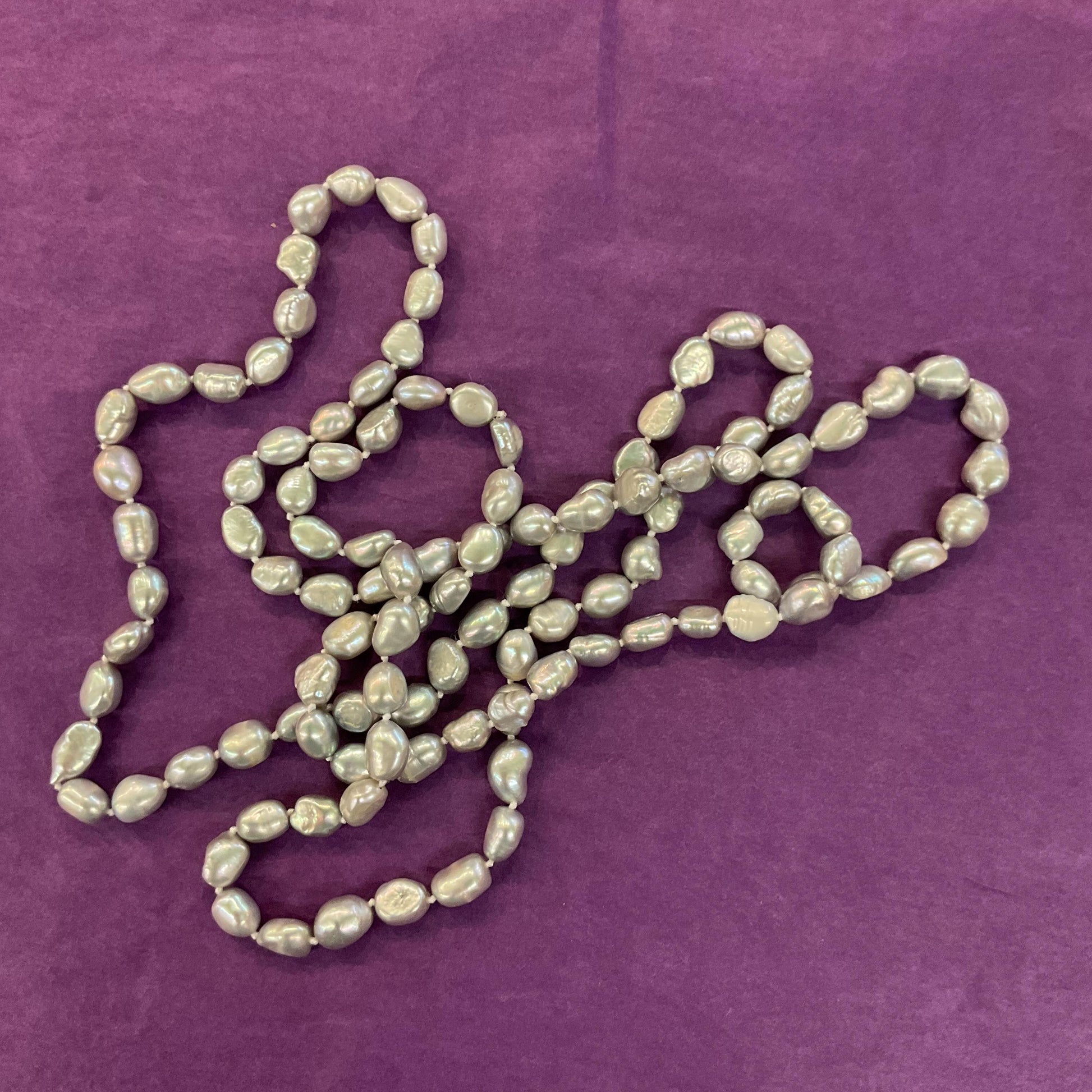 Vintage Silver Fresh Water Pearl Opera Length Beaded Necklace , Hand knotted cord