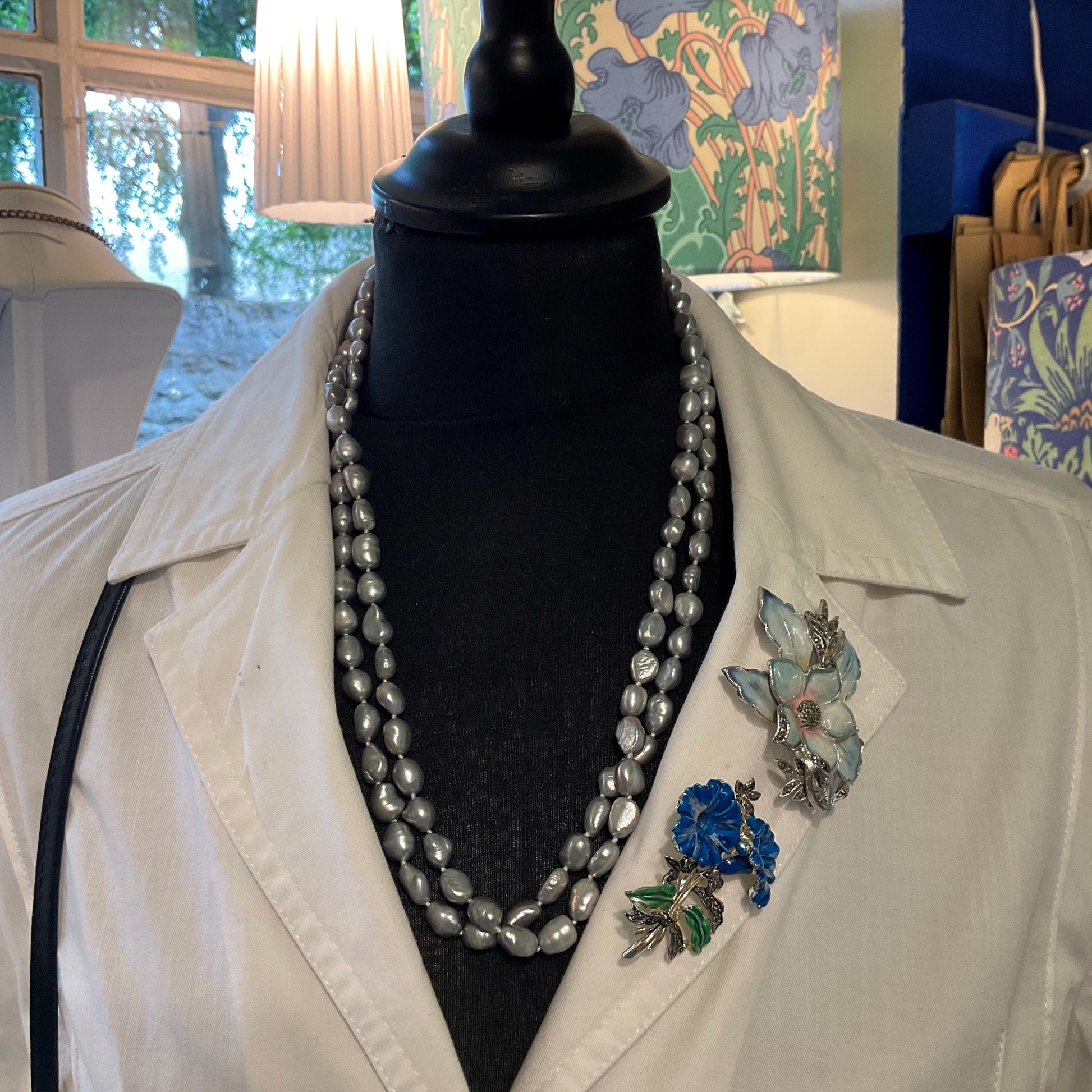 Vintage Silver Fresh Water Pearl Opera Length Beaded Necklace , Hand knotted cord