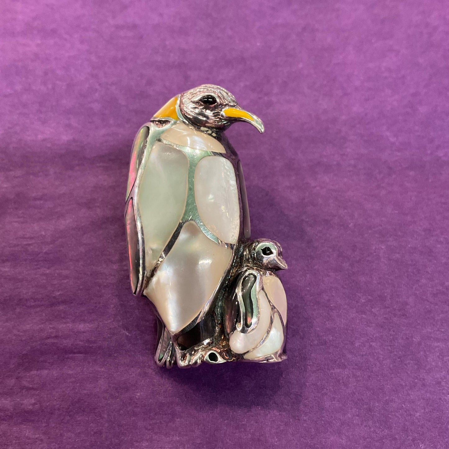 Vintage Silver (925) and Mother of Pearl Hand Made Mother and Baby Penguin Brooch or Pendant, Chain not included