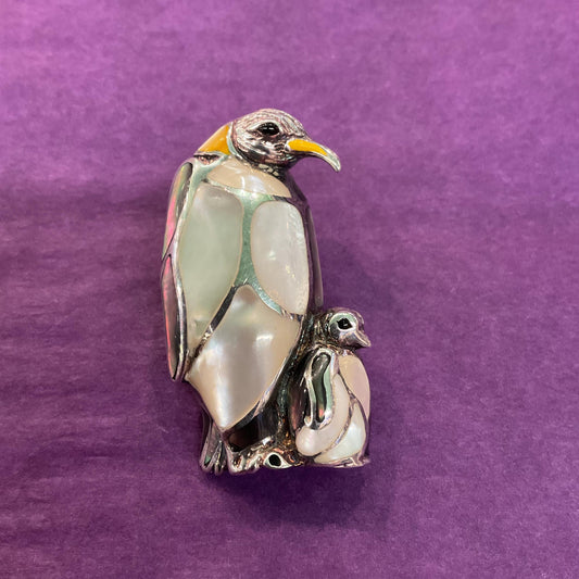 Vintage Silver (925) and Mother of Pearl Hand Made Mother and Baby Penguin Brooch or Pendant, Chain not included