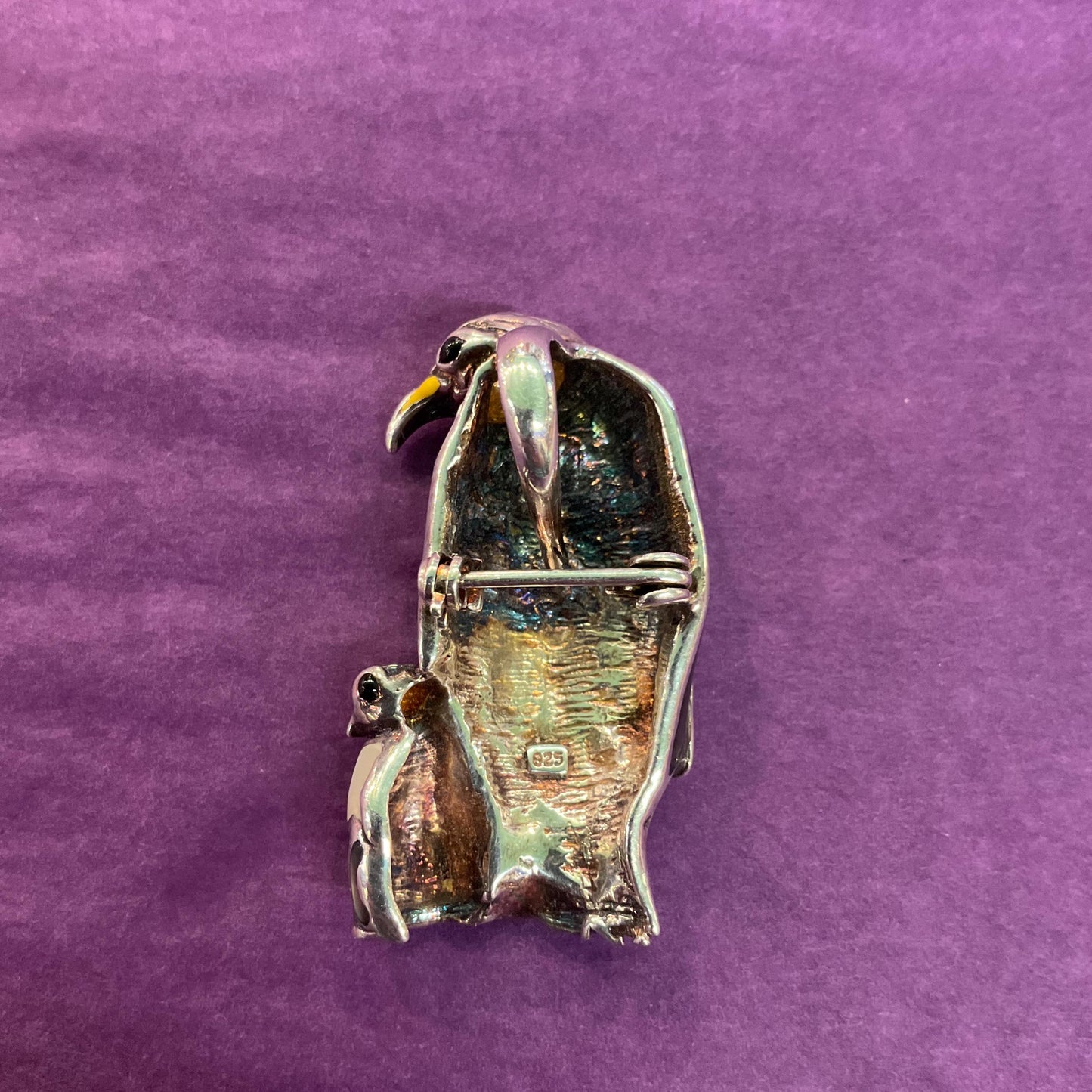 Vintage Silver (925) and Mother of Pearl Hand Made Mother and Baby Penguin Brooch or Pendant, Chain not included