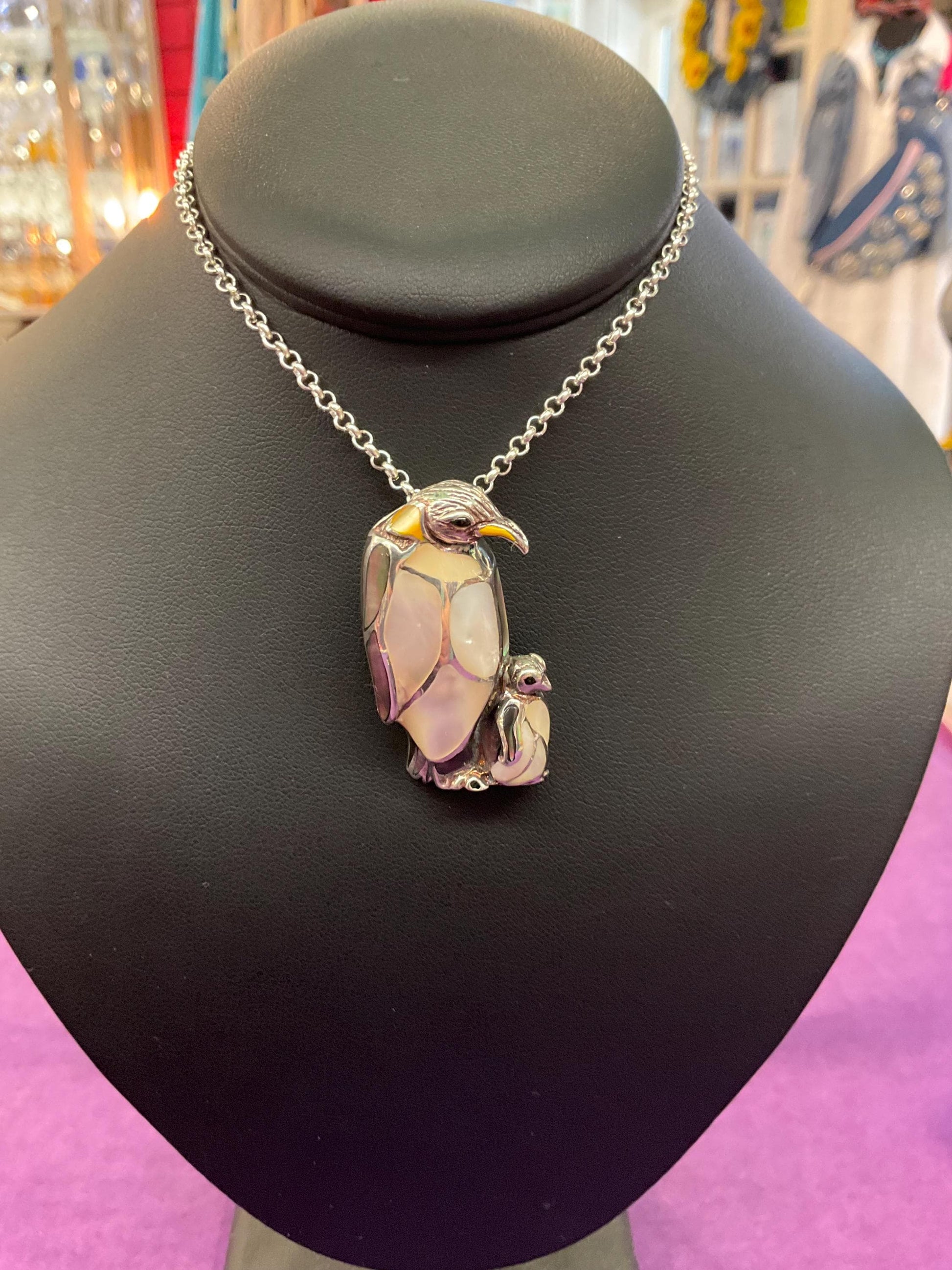 Vintage Silver (925) and Mother of Pearl Hand Made Mother and Baby Penguin Brooch or Pendant, Chain not included