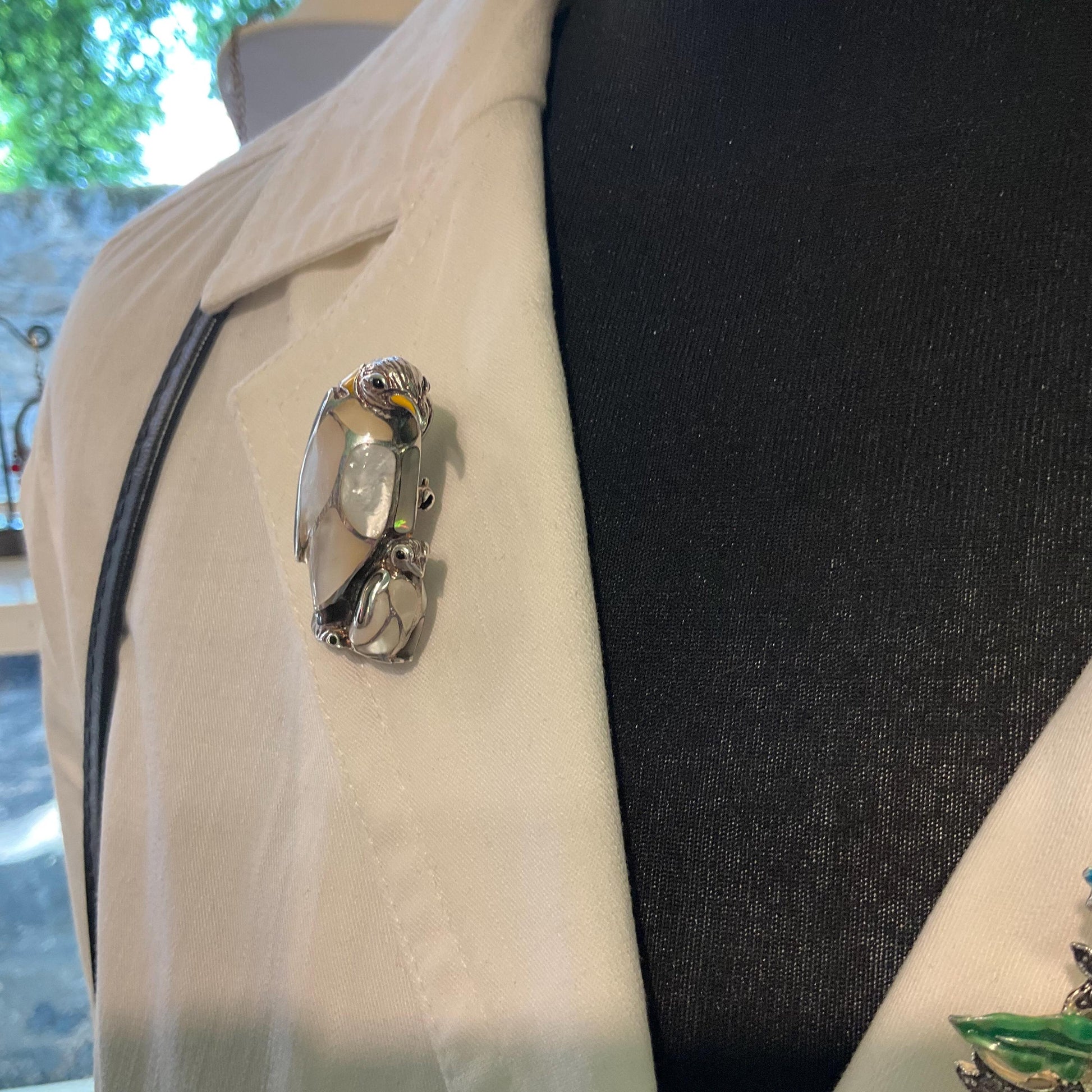 Vintage Silver (925) and Mother of Pearl Hand Made Mother and Baby Penguin Brooch or Pendant, Chain not included