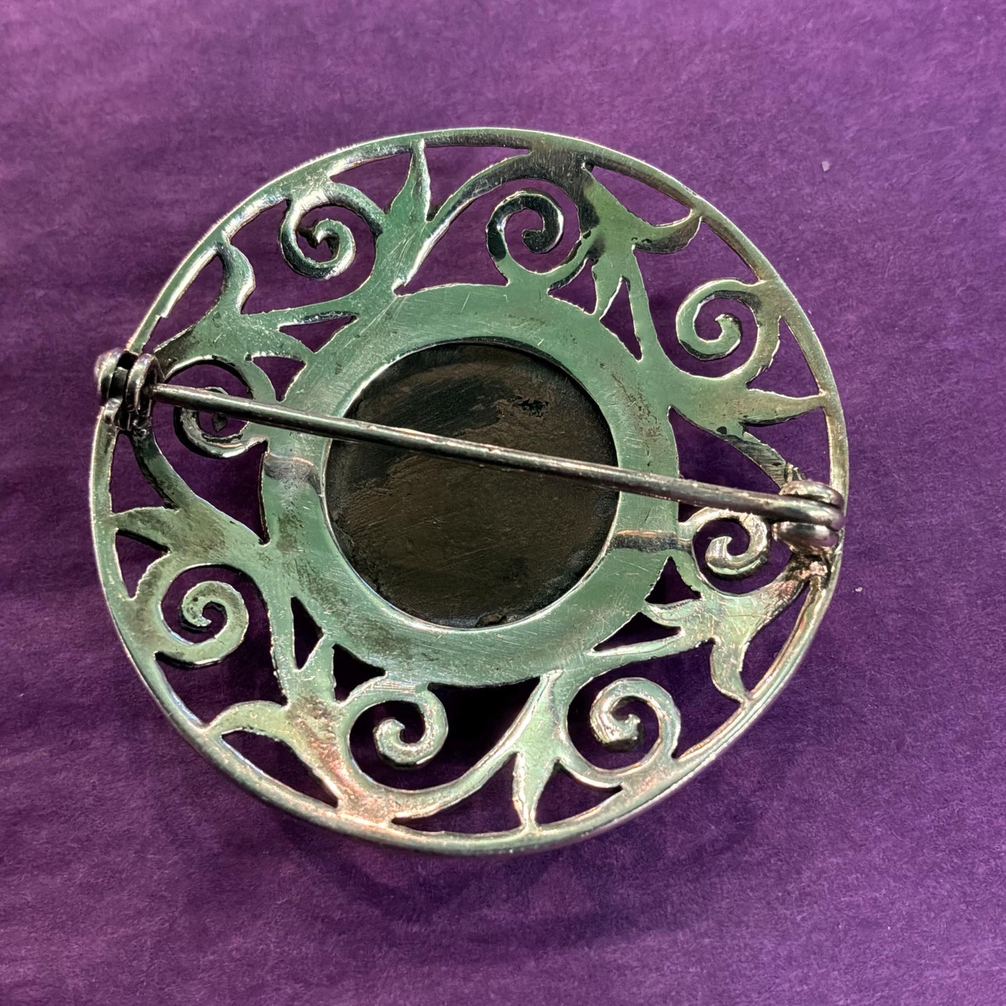 Vintage Silver and Bkack Onyx Celtic Large Brooch, Foliate cut work border
