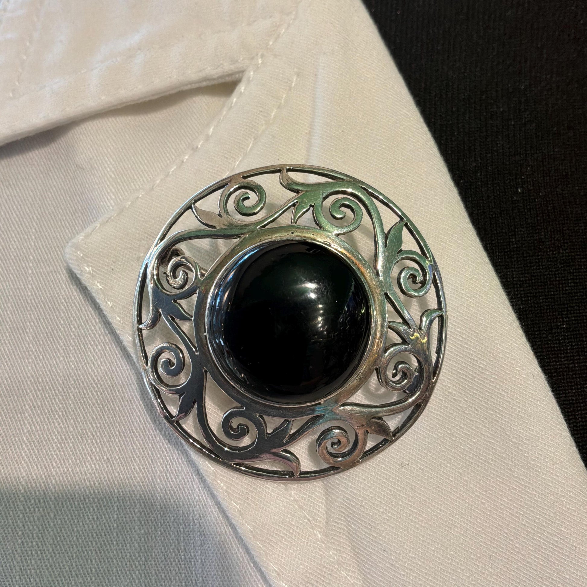 Vintage Silver and Bkack Onyx Celtic Large Brooch, Foliate cut work border