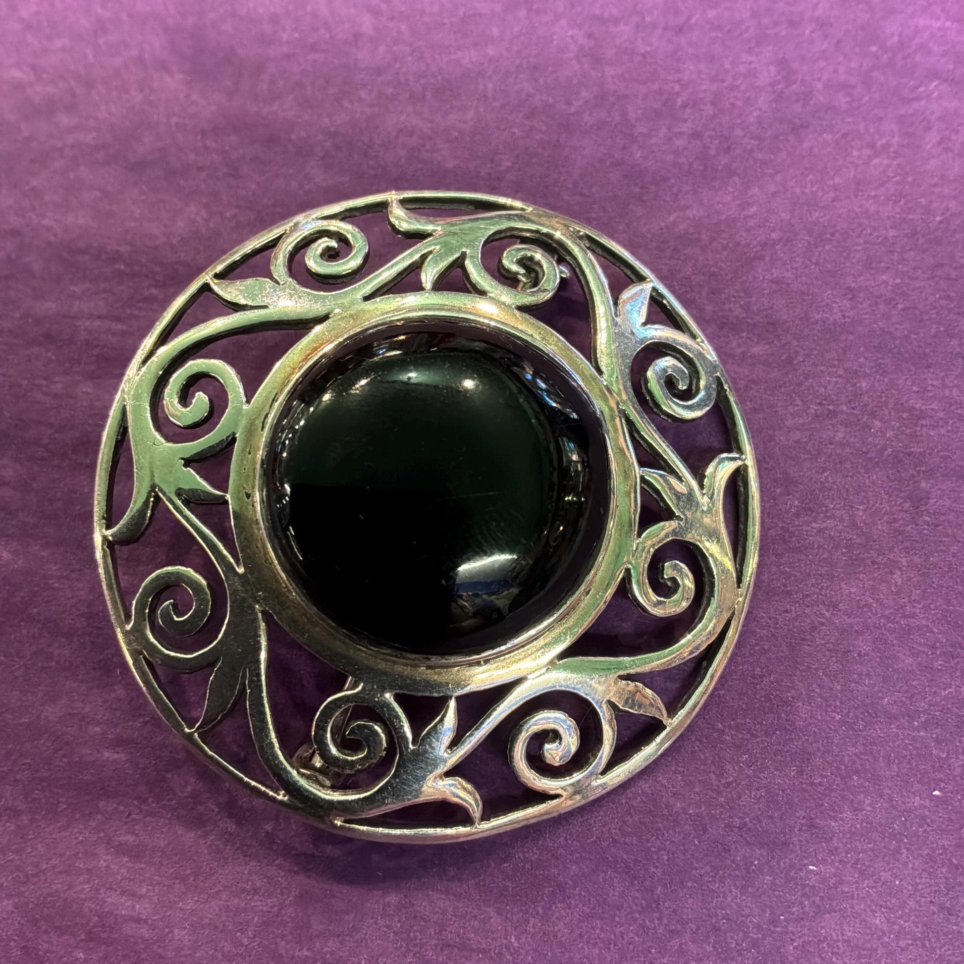 Vintage Silver and Bkack Onyx Celtic Large Brooch, Foliate cut work border