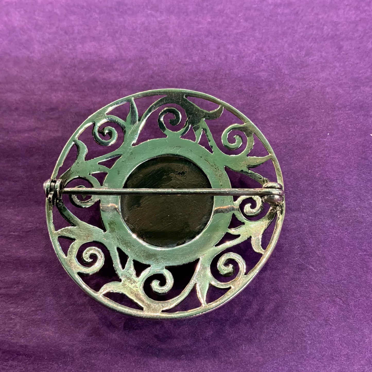 Vintage Silver and Bkack Onyx Celtic Large Brooch, Foliate cut work border