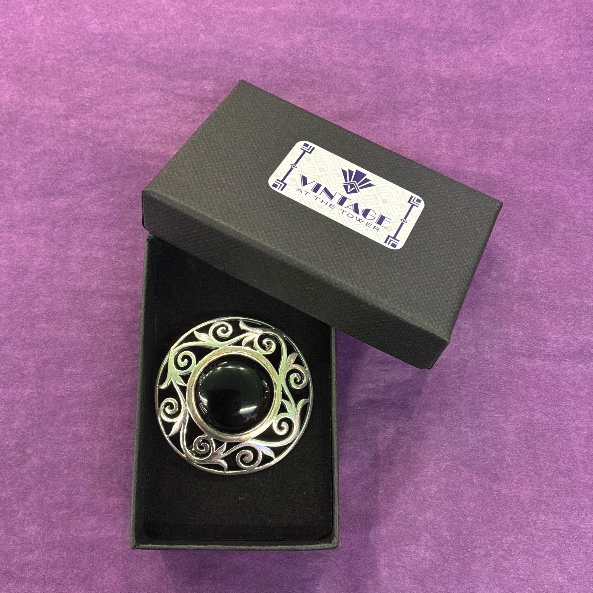 Vintage Silver and Bkack Onyx Celtic Large Brooch, Foliate cut work border