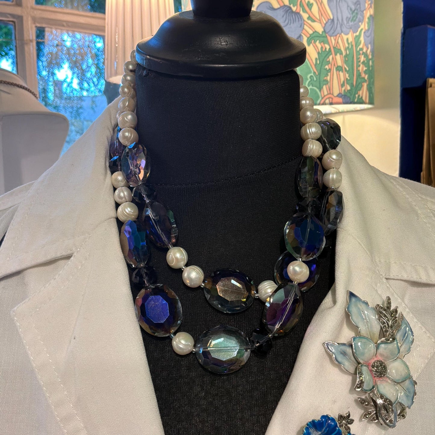 Vintage Butler and Wilson Statement Ivory Fresh Water Pearl and Peacock Aurora Borealis Twin Strand Beaded Necklace