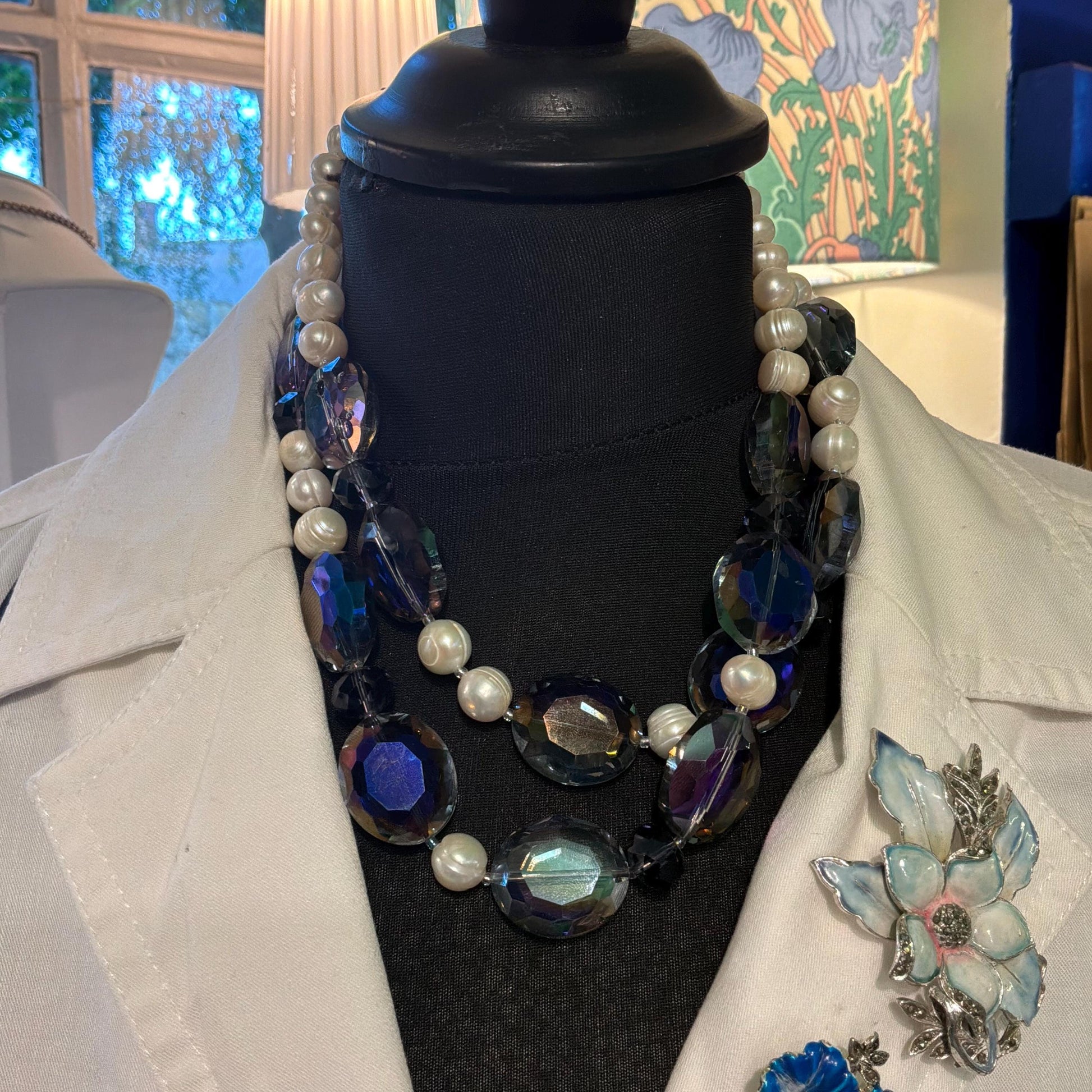 Vintage Butler and Wilson Statement Ivory Fresh Water Pearl and Peacock Aurora Borealis Twin Strand Beaded Necklace