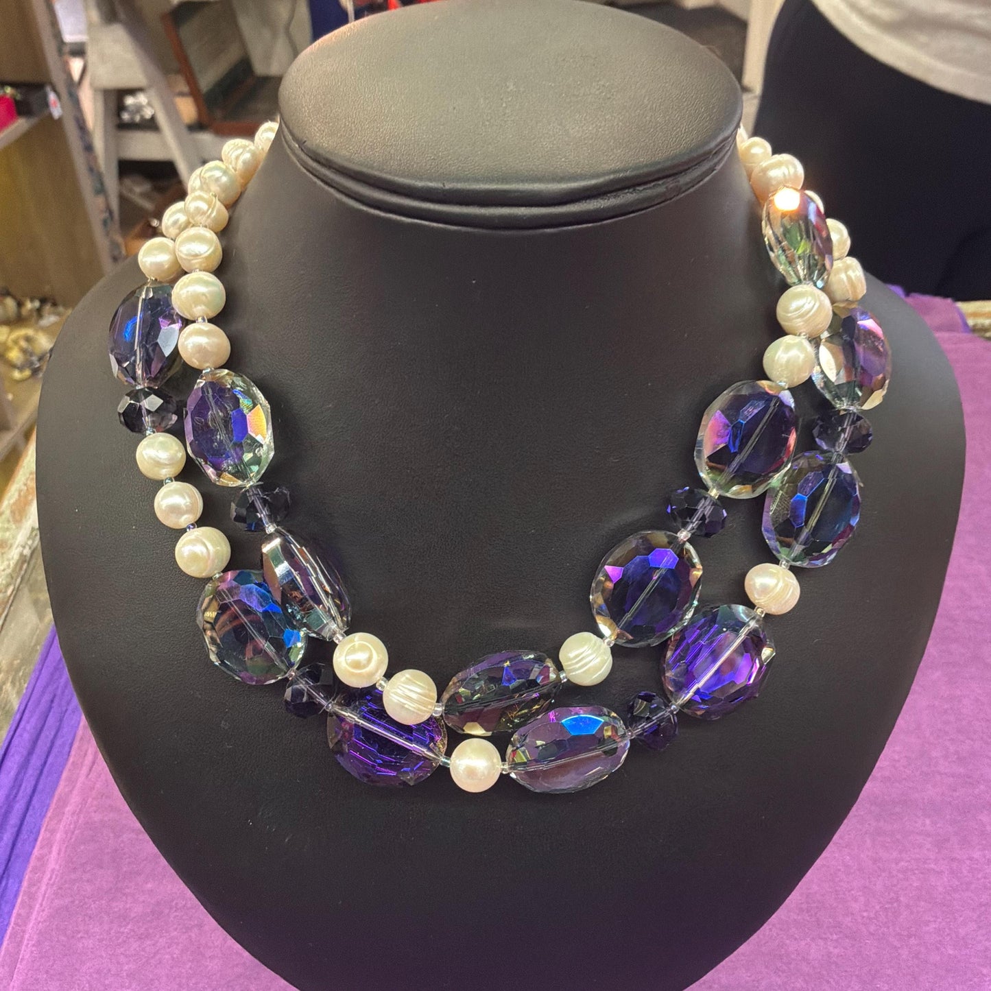 Vintage Butler and Wilson Statement Ivory Fresh Water Pearl and Peacock Aurora Borealis Twin Strand Beaded Necklace