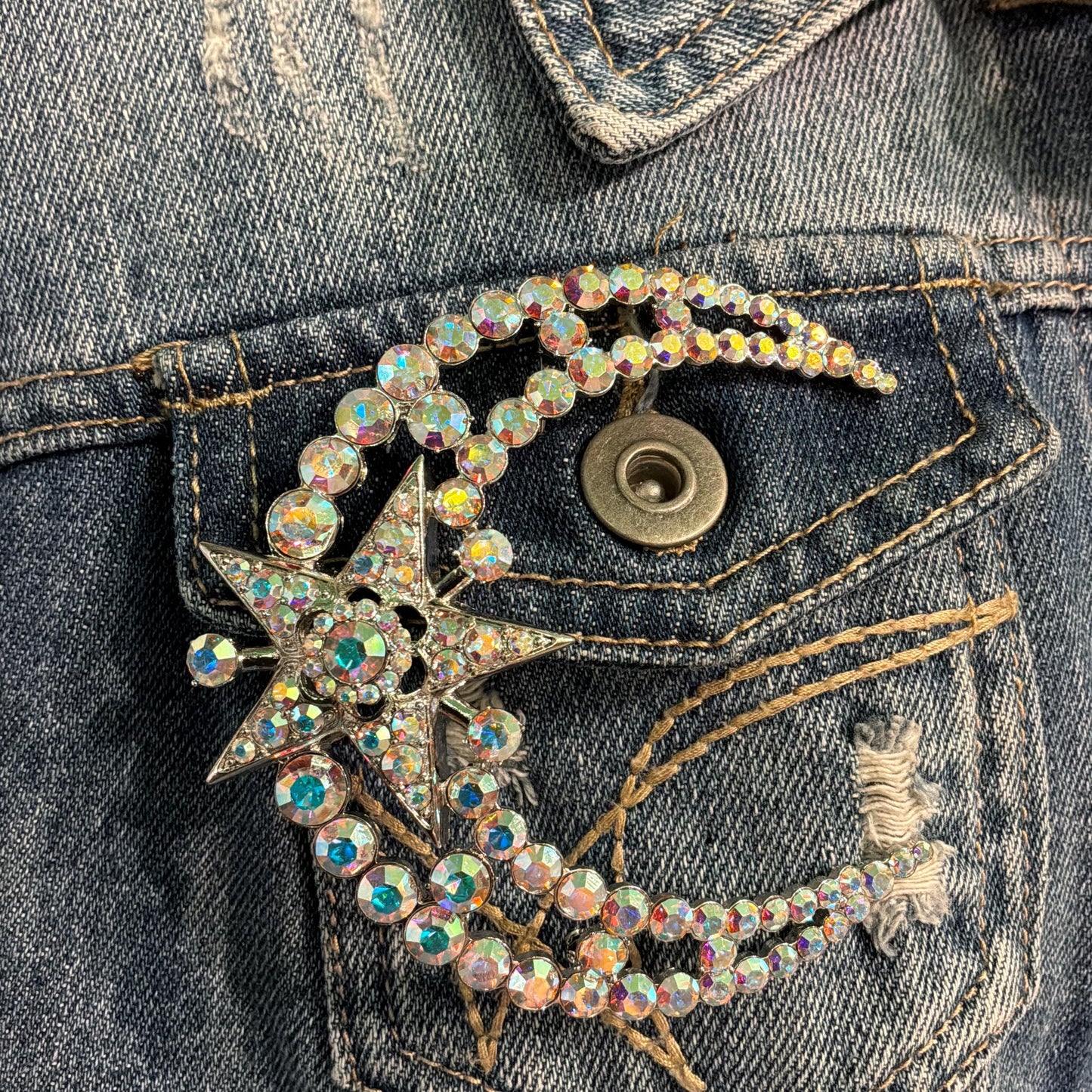 Vintage Butler and Wilson Statement Crystal Moon and Star Large Brooch, Aurora Borealis Rainbow Crystals