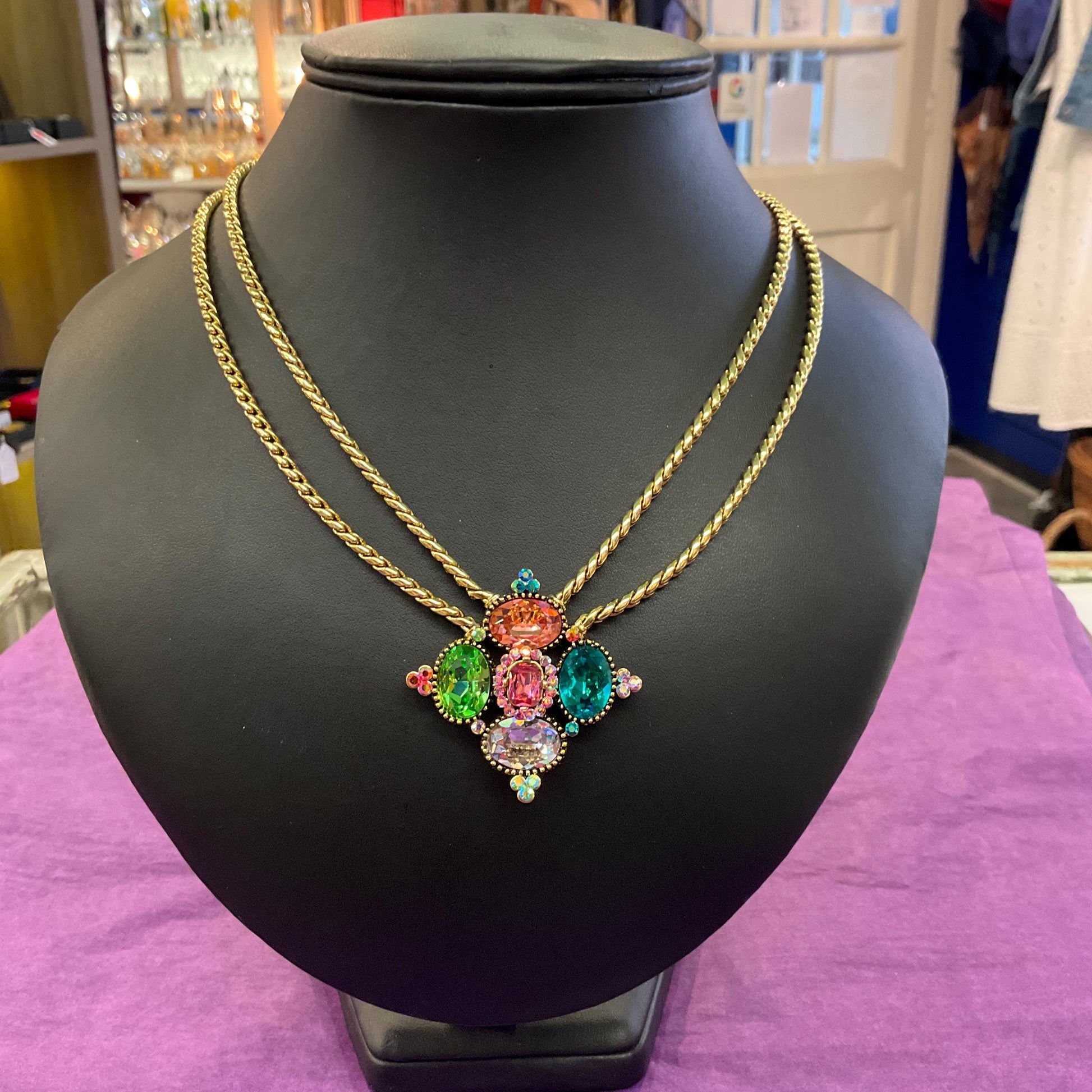 Vintage Butler and Wilson Rainbow Crystal Diamond Necklace , Gold tone with facted crystals and Aurora Borealis rhinestones