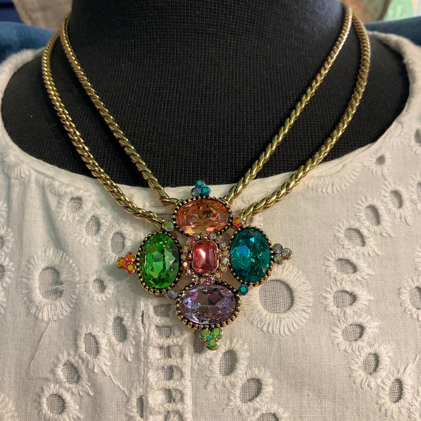 Vintage Butler and Wilson Rainbow Crystal Diamond Necklace , Gold tone with facted crystals and Aurora Borealis rhinestones