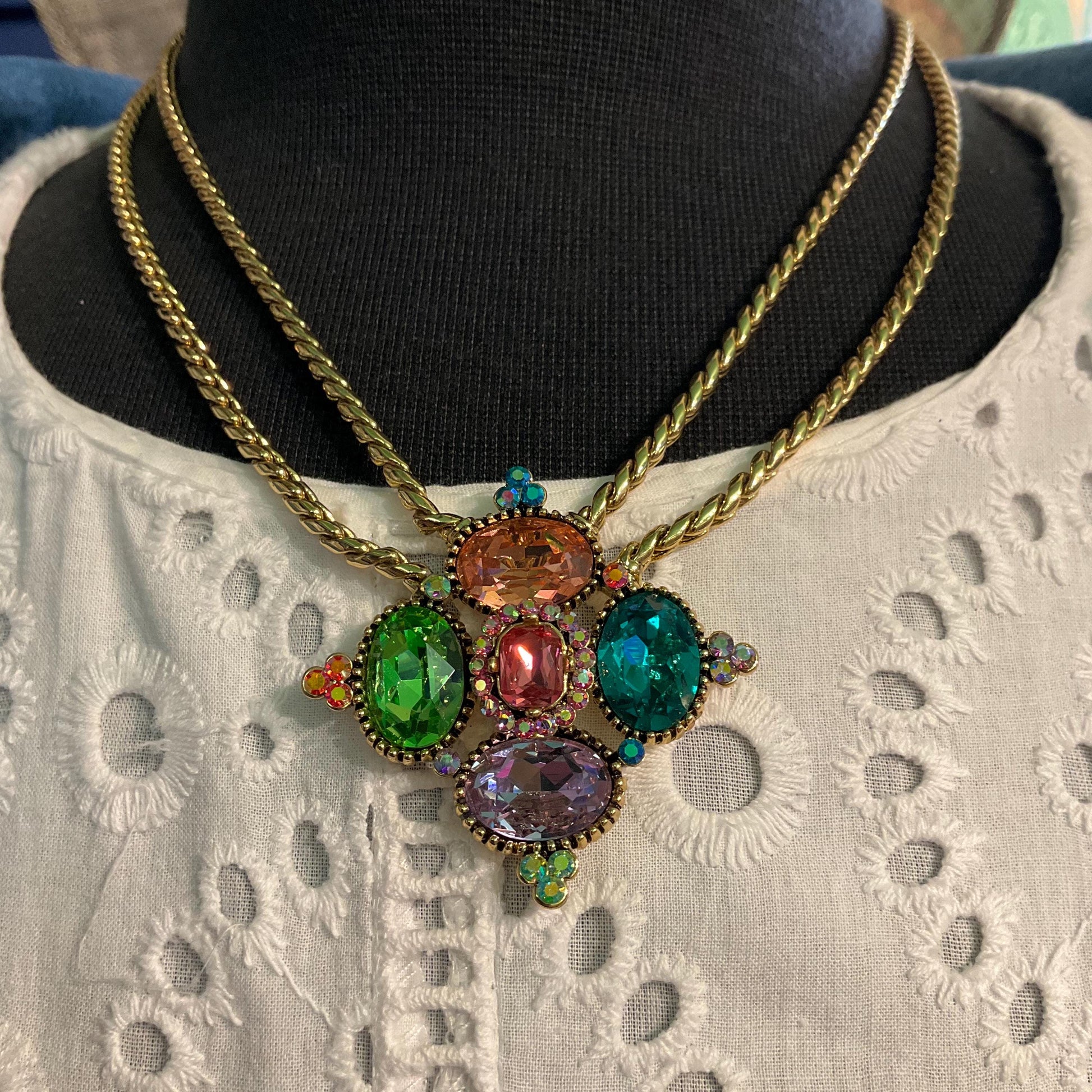 Vintage Butler and Wilson Rainbow Crystal Diamond Necklace , Gold tone with facted crystals and Aurora Borealis rhinestones