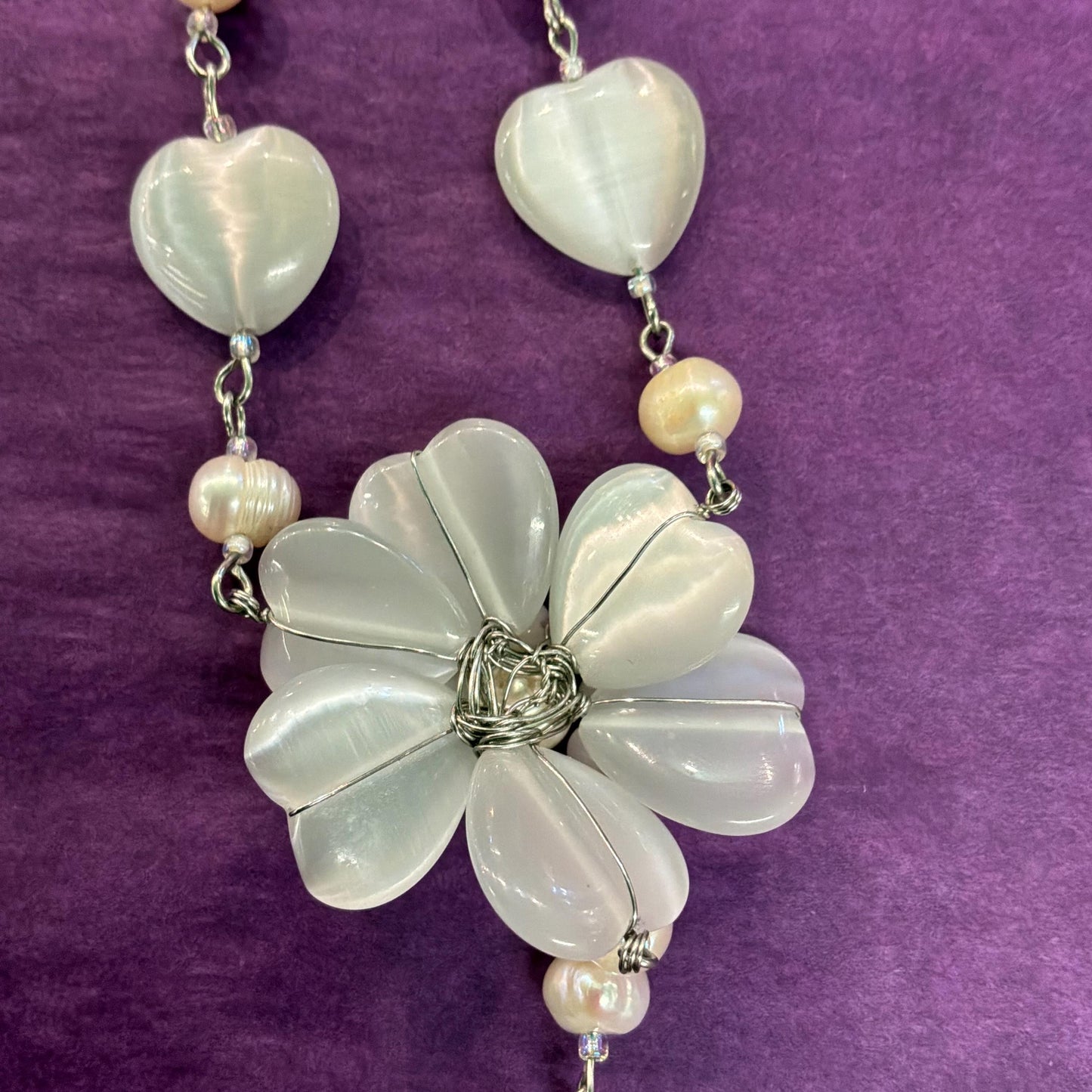 Vintage Butler and Wilson White and Ivory Fresh Water Pearl and Milk Glass Flower and Hearts ‘Y’ drop Beaded necklace, vintage wedding