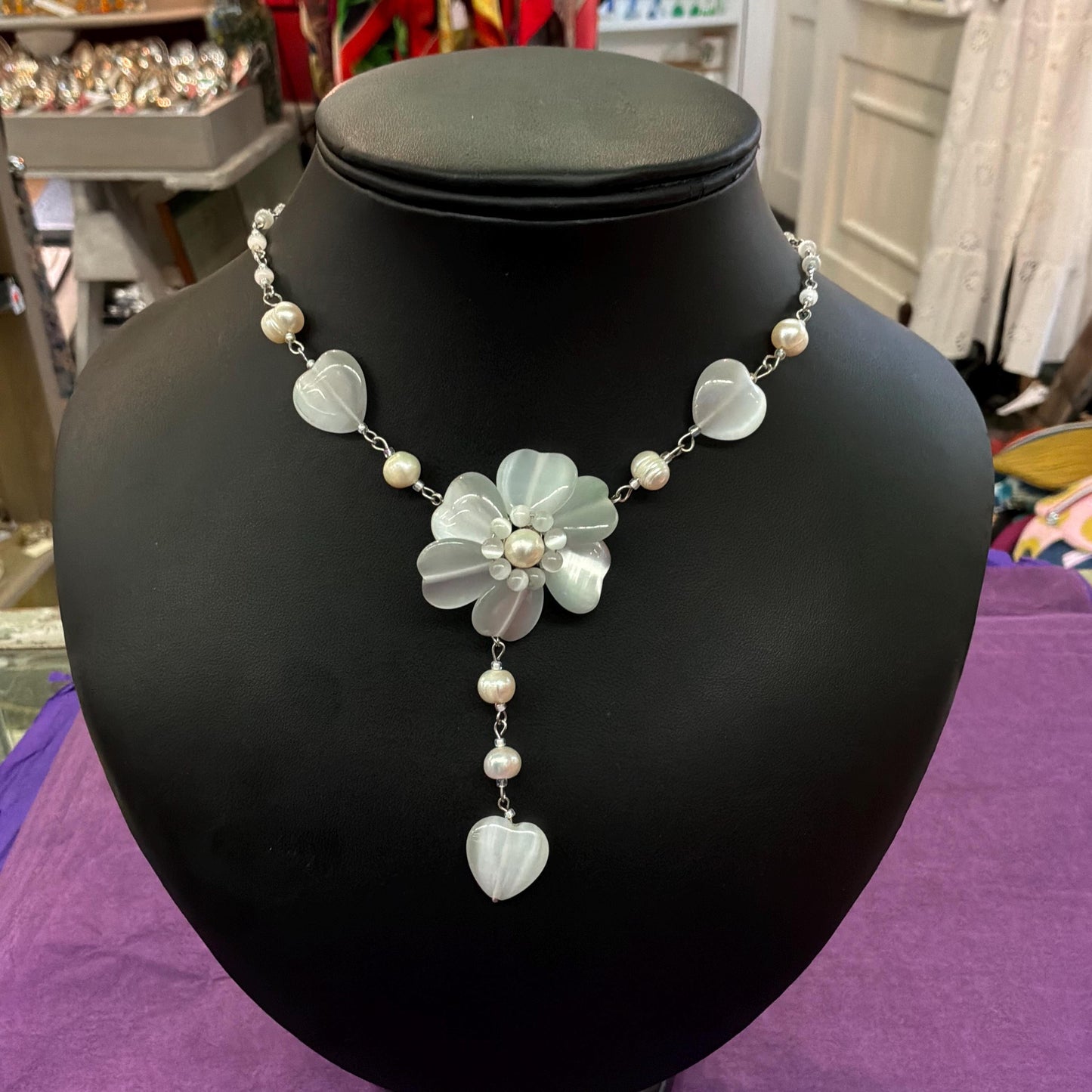 Vintage Butler and Wilson White and Ivory Fresh Water Pearl and Milk Glass Flower and Hearts ‘Y’ drop Beaded necklace, vintage wedding