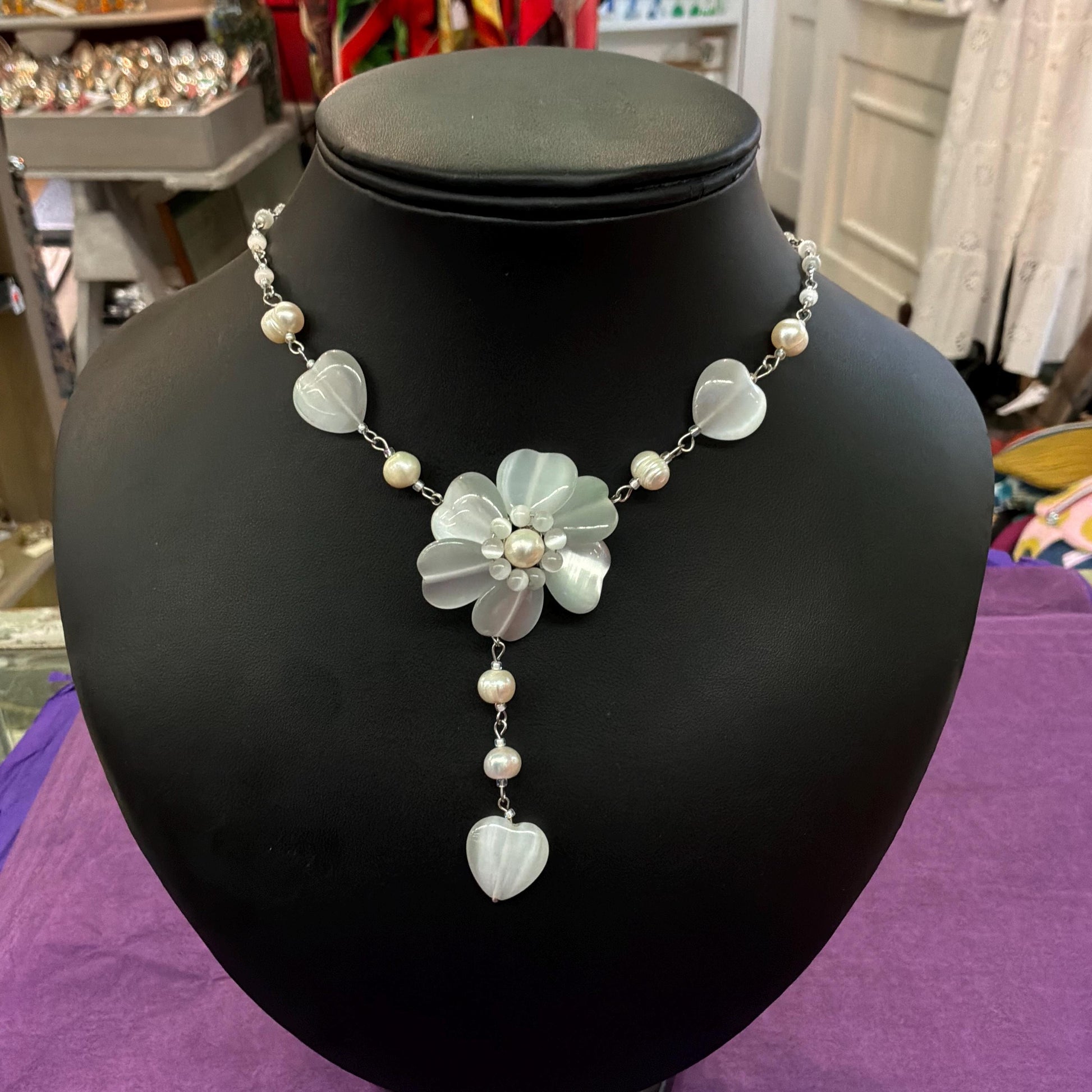 Vintage Butler and Wilson White and Ivory Fresh Water Pearl and Milk Glass Flower and Hearts ‘Y’ drop Beaded necklace, vintage wedding