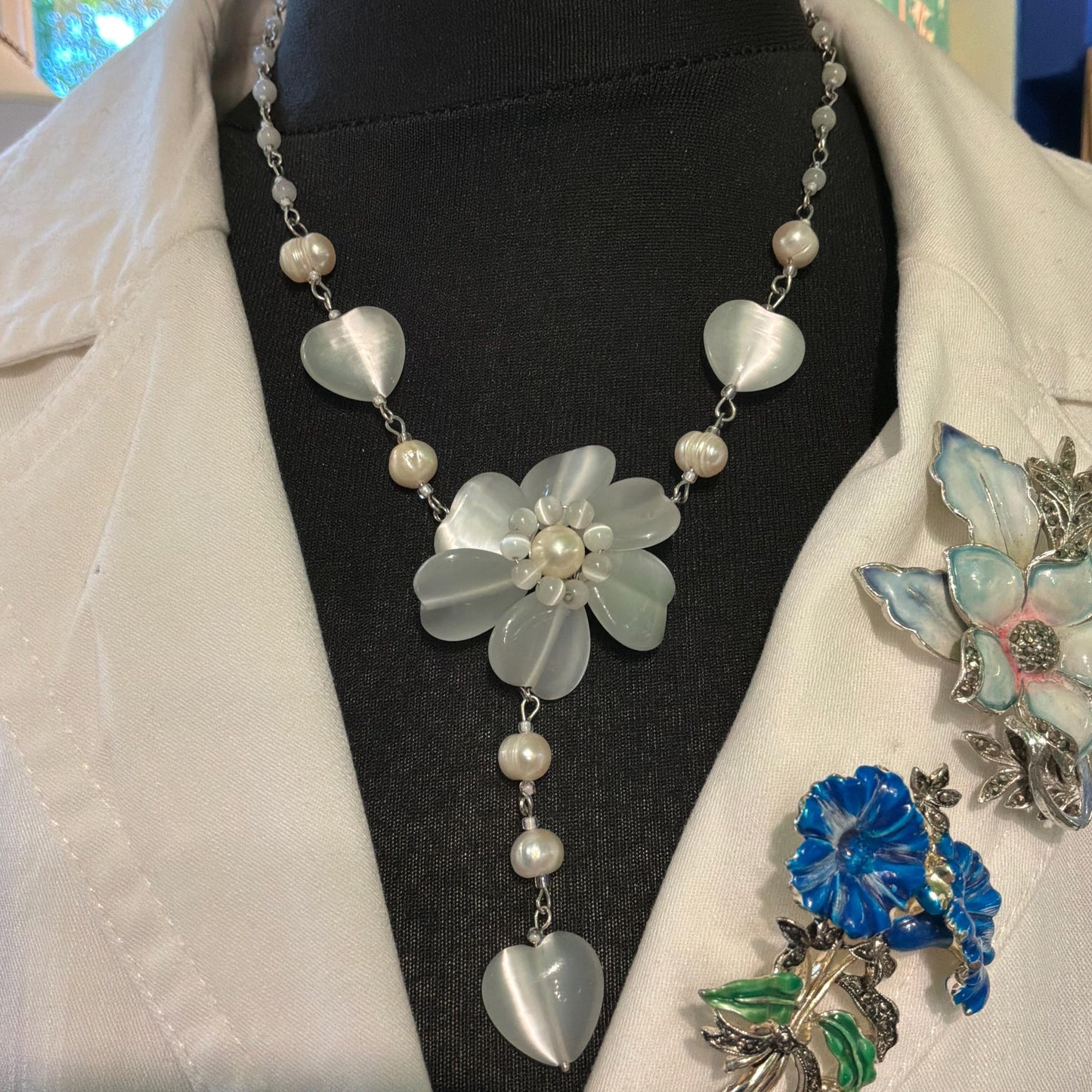 Vintage Butler and Wilson White and Ivory Fresh Water Pearl and Milk Glass Flower and Hearts ‘Y’ drop Beaded necklace, vintage wedding