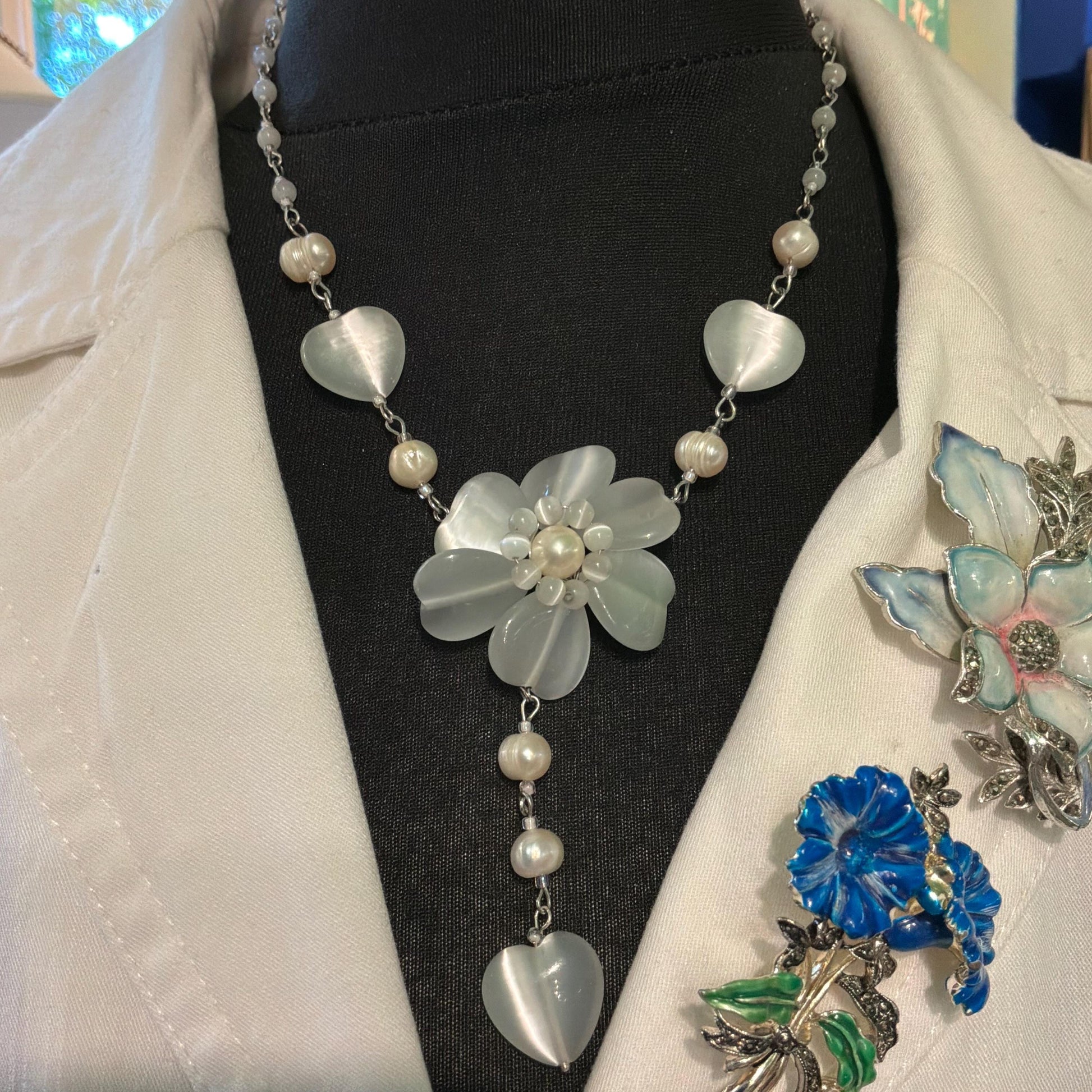 Vintage Butler and Wilson White and Ivory Fresh Water Pearl and Milk Glass Flower and Hearts ‘Y’ drop Beaded necklace, vintage wedding
