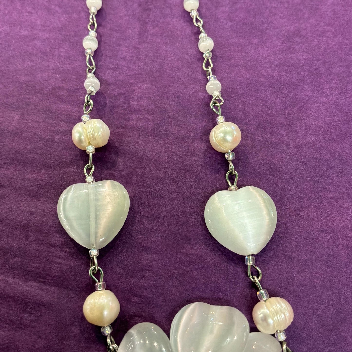 Vintage Butler and Wilson White and Ivory Fresh Water Pearl and Milk Glass Flower and Hearts ‘Y’ drop Beaded necklace, vintage wedding