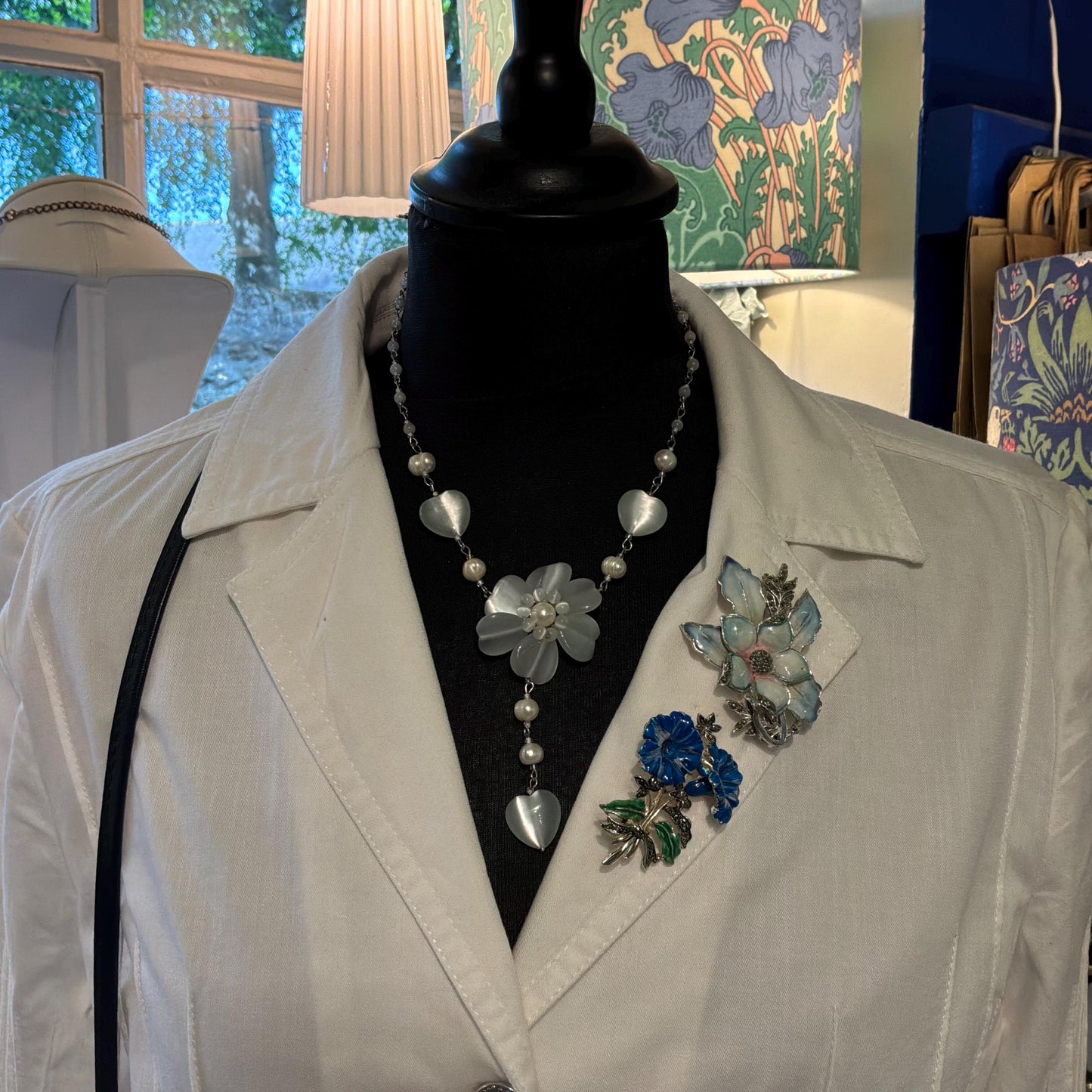 Vintage Butler and Wilson White and Ivory Fresh Water Pearl and Milk Glass Flower and Hearts ‘Y’ drop Beaded necklace, vintage wedding