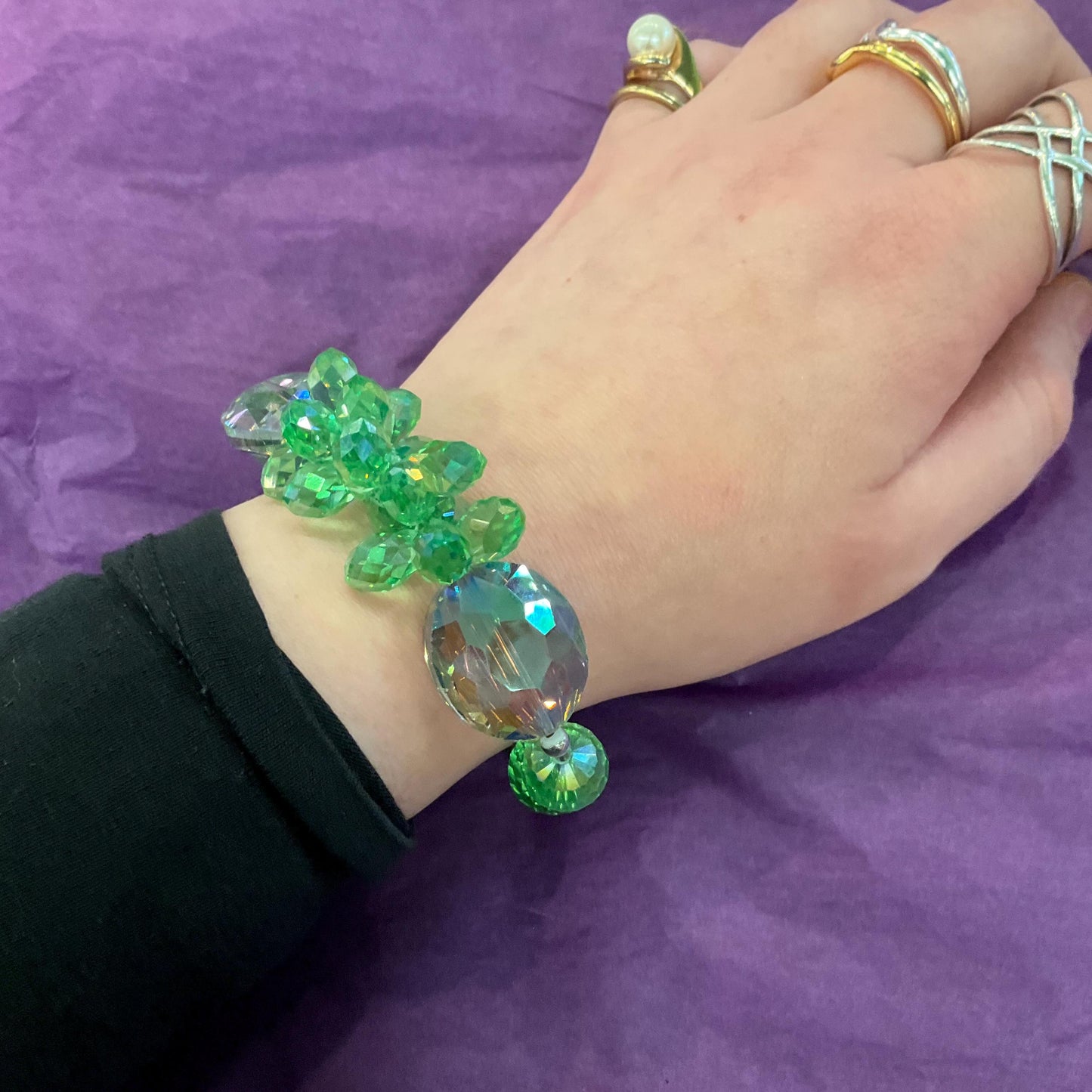 Vintage Butler and Wilson Green Crystal Bracelet, Borealis green crystal and silver rhinestones, as new in original box