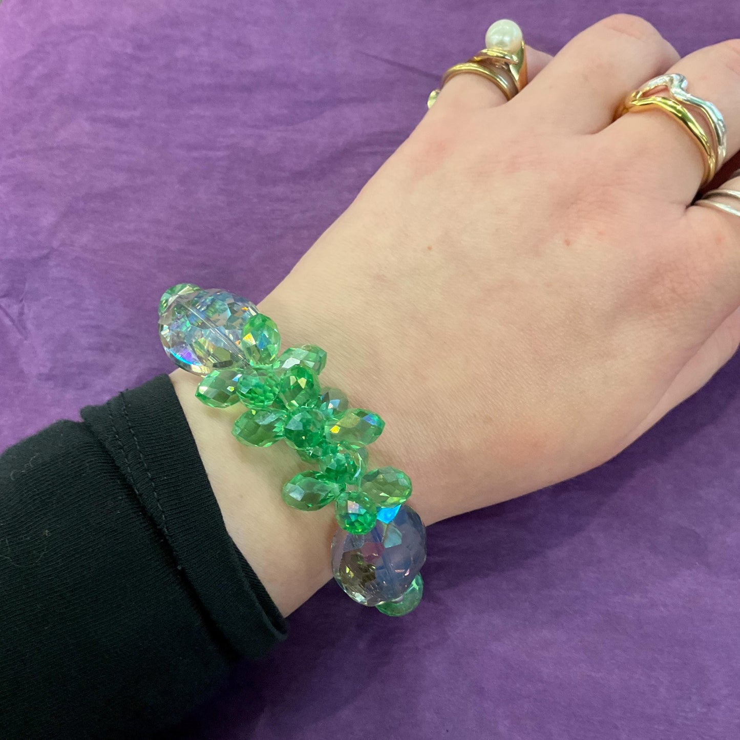 Vintage Butler and Wilson Green Crystal Bracelet, Borealis green crystal and silver rhinestones, as new in original box