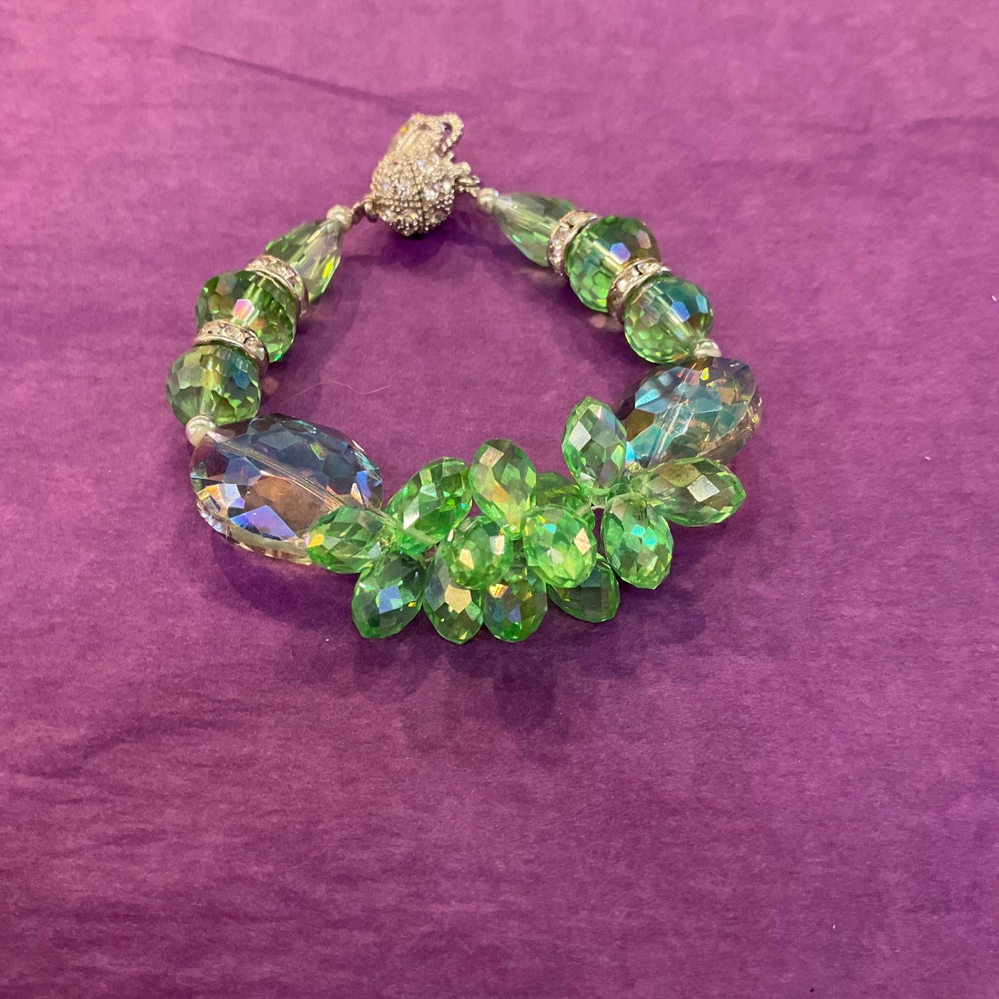 Vintage Butler and Wilson Green Crystal Bracelet, Borealis green crystal and silver rhinestones, as new in original box