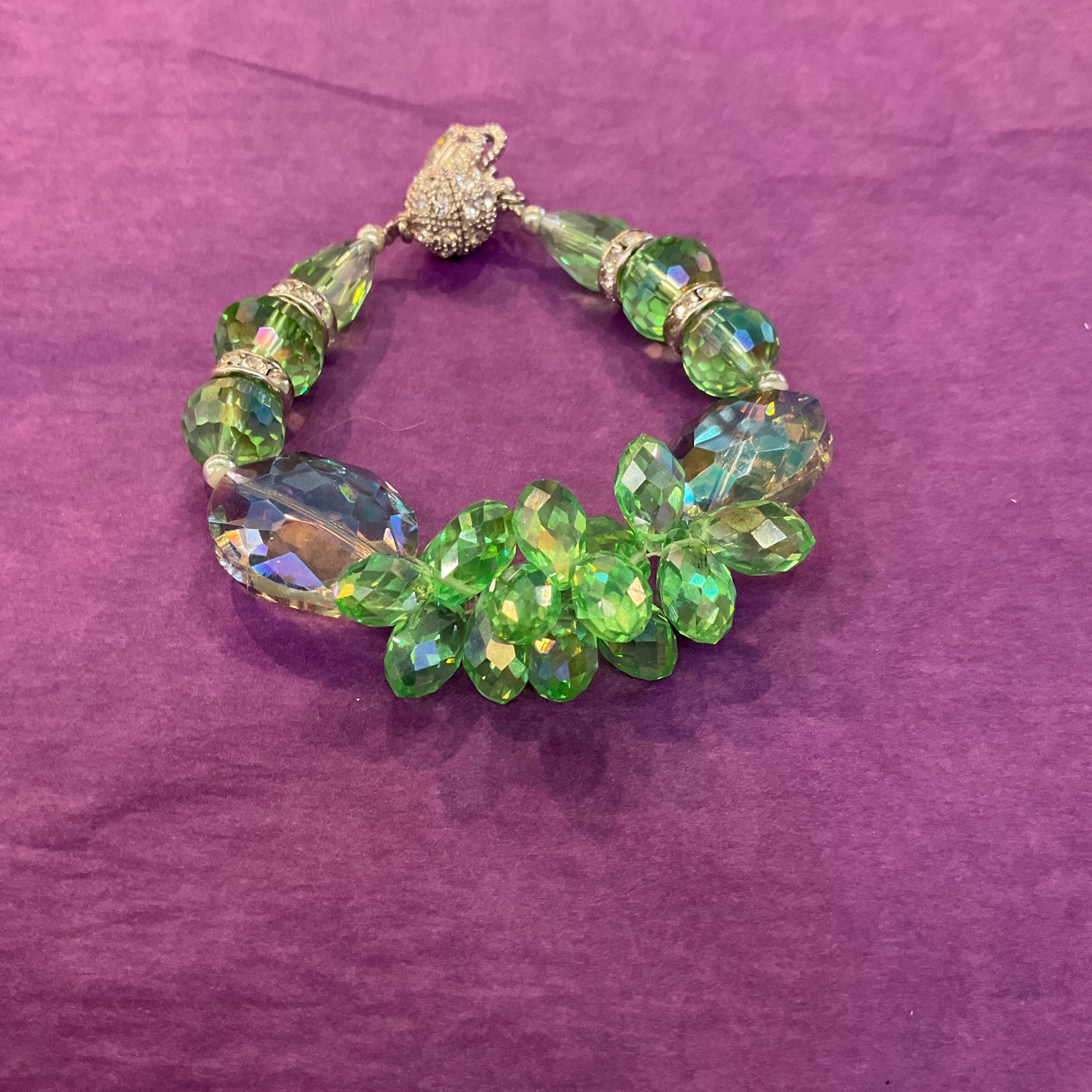Vintage Butler and Wilson Green Crystal Bracelet, Borealis green crystal and silver rhinestones, as new in original box