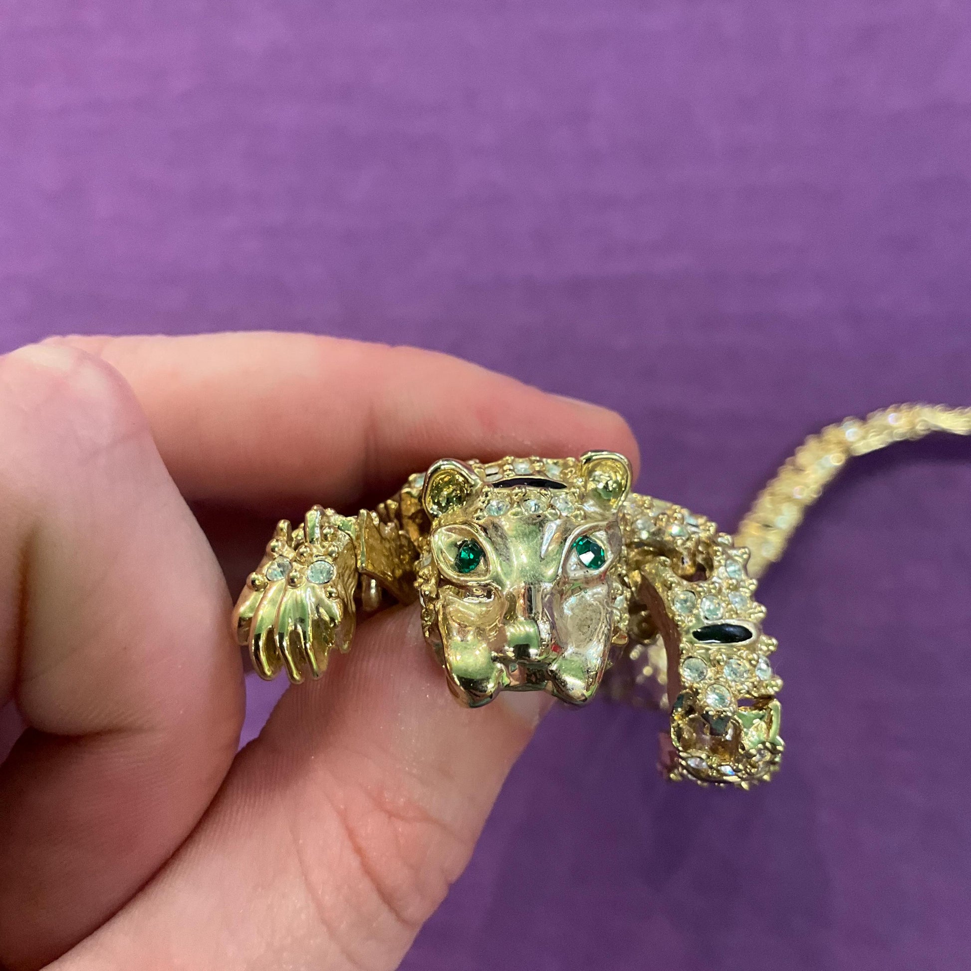 Vintage 1980s ‘Big cat’ Large Crystal Tiger Articulated Brooch/ shoulder brooch, Gold tone with black Enamel and silver rhinestones