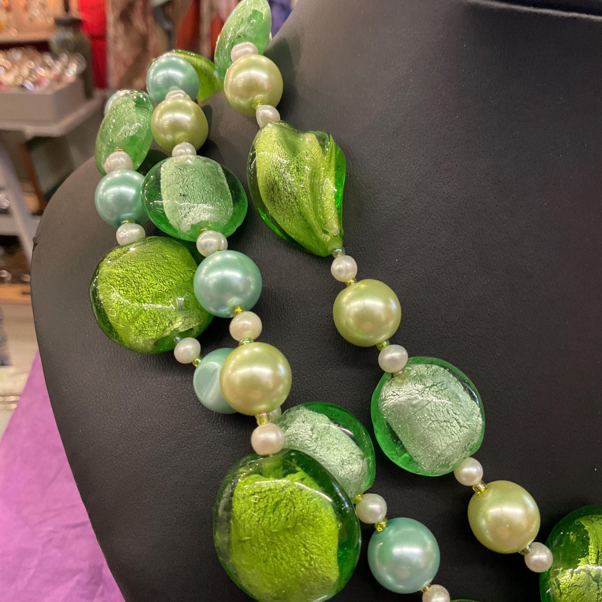 Vintage Butler and Wilson Green Triple Strand Statement Faux Pearl and Foiled Glass Beaded Necklace, as new in original box.