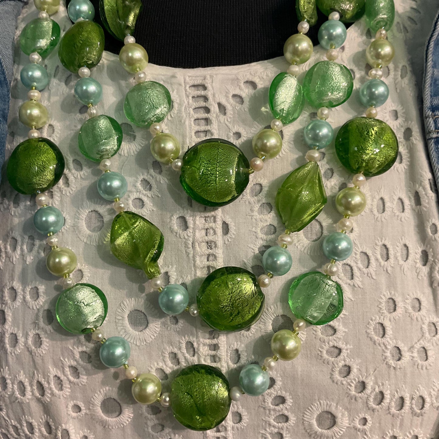 Vintage Butler and Wilson Green Triple Strand Statement Faux Pearl and Foiled Glass Beaded Necklace, as new in original box.