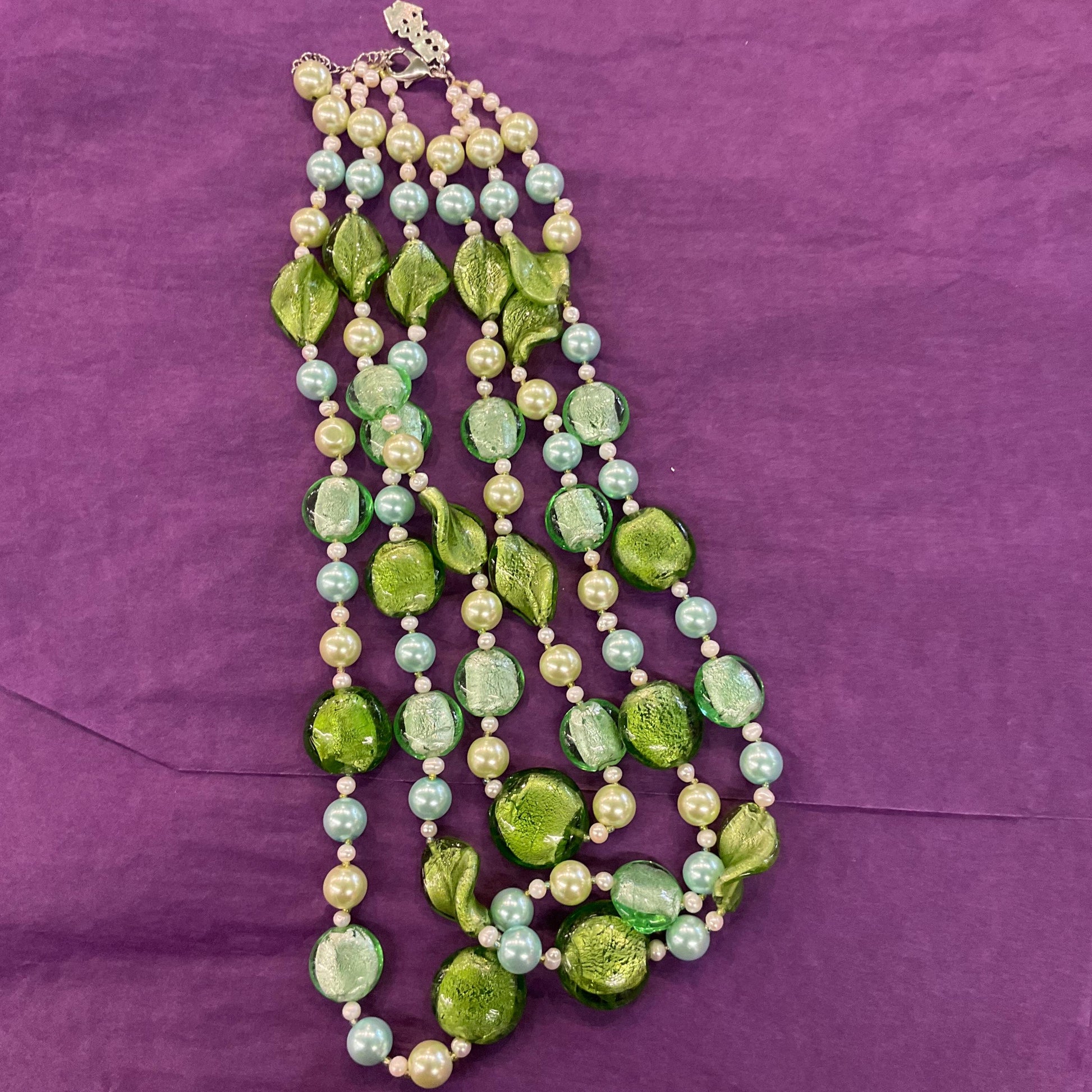 Vintage Butler and Wilson Green Triple Strand Statement Faux Pearl and Foiled Glass Beaded Necklace, as new in original box.