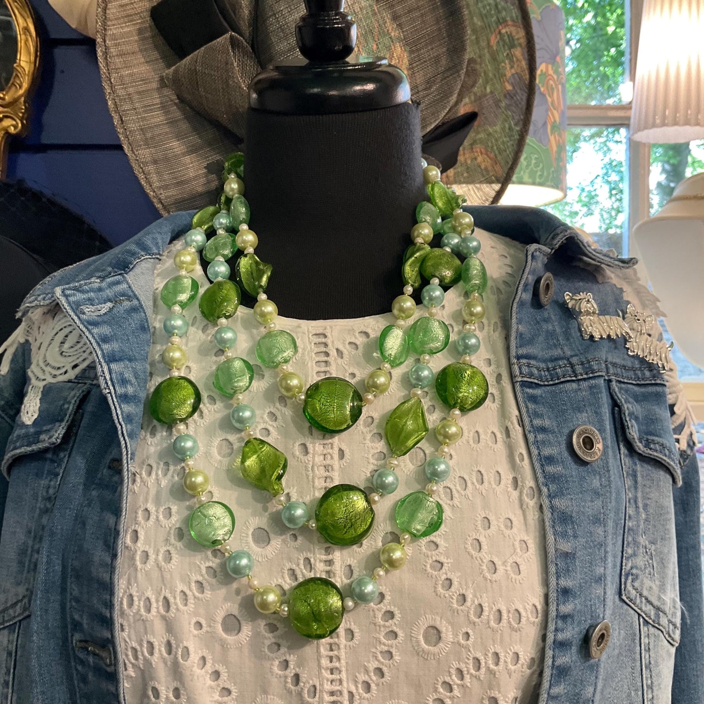 Vintage Butler and Wilson Green Triple Strand Statement Faux Pearl and Foiled Glass Beaded Necklace, as new in original box.