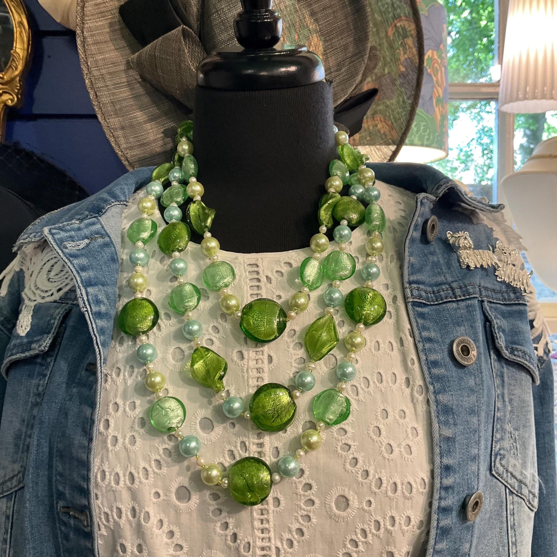 Vintage Butler and Wilson Green Triple Strand Statement Faux Pearl and Foiled Glass Beaded Necklace, as new in original box.