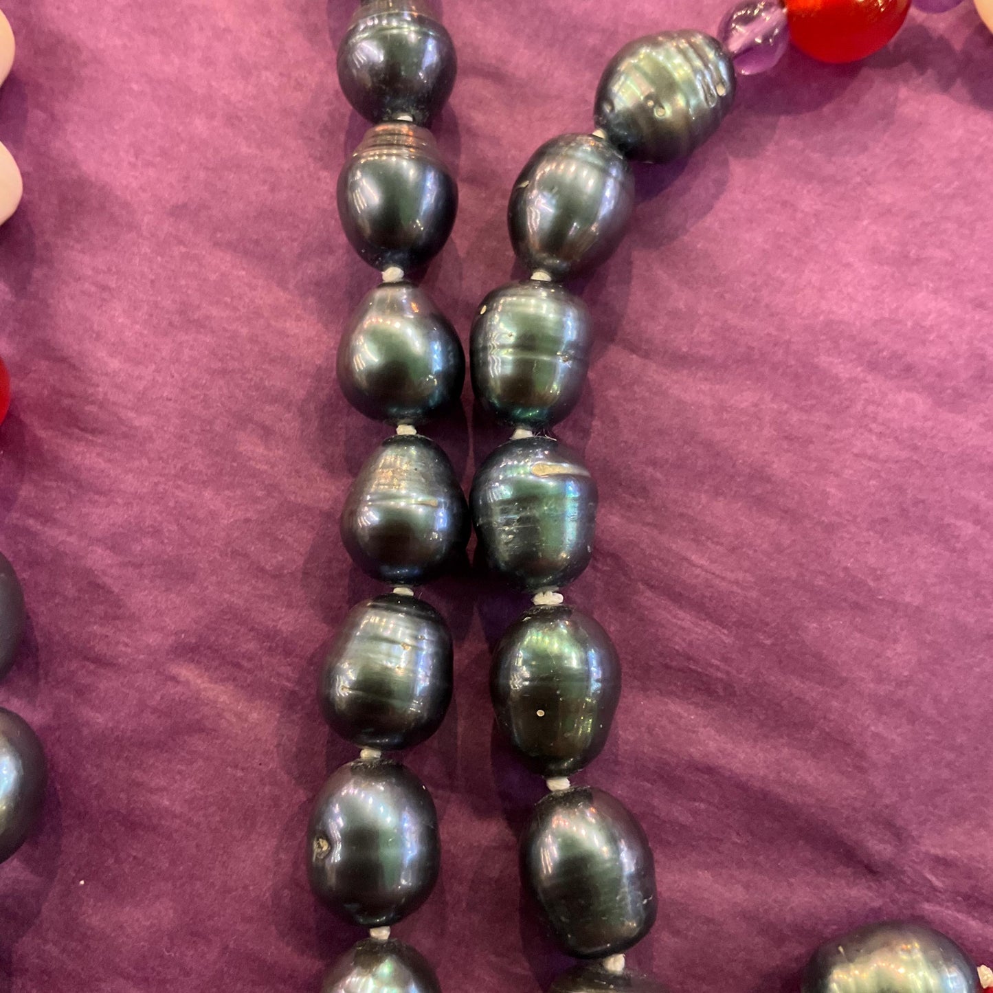 Vintage Flapper Length Fresh Water Pearl, Jade , Amethyst, Turquoise and Carnelian Beaded Gemstone Necklace
