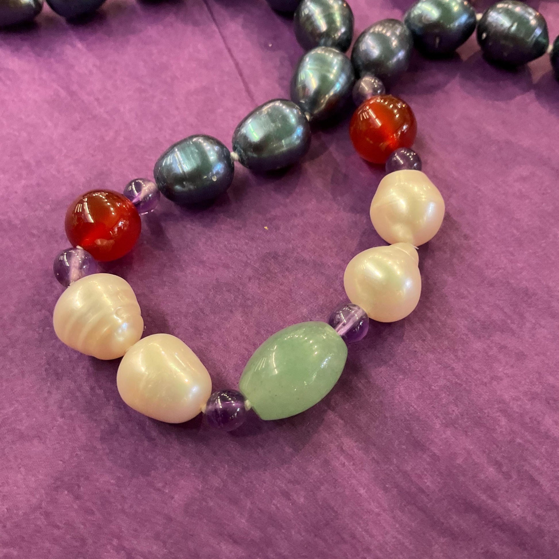 Vintage Flapper Length Fresh Water Pearl, Jade , Amethyst, Turquoise and Carnelian Beaded Gemstone Necklace