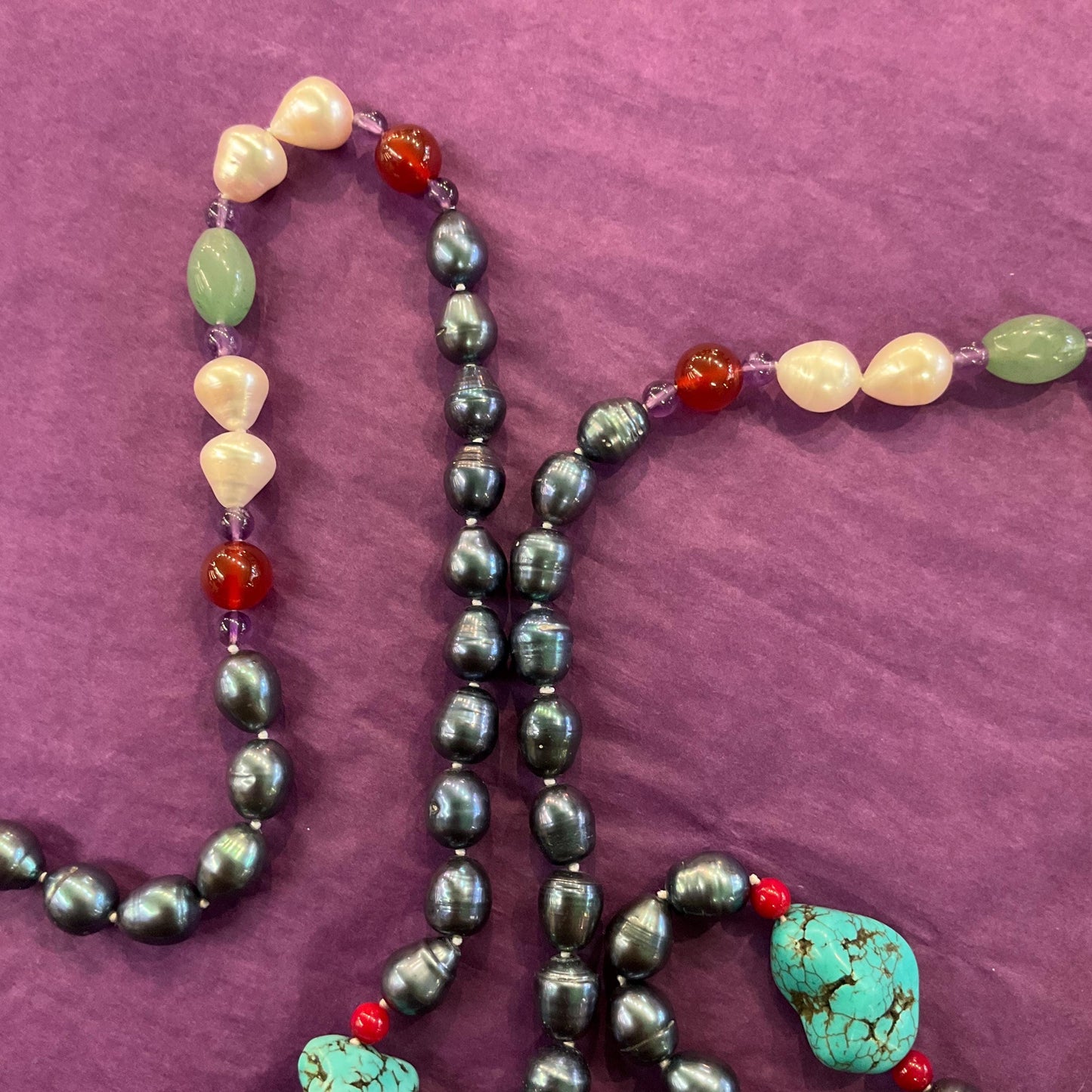 Vintage Flapper Length Fresh Water Pearl, Jade , Amethyst, Turquoise and Carnelian Beaded Gemstone Necklace