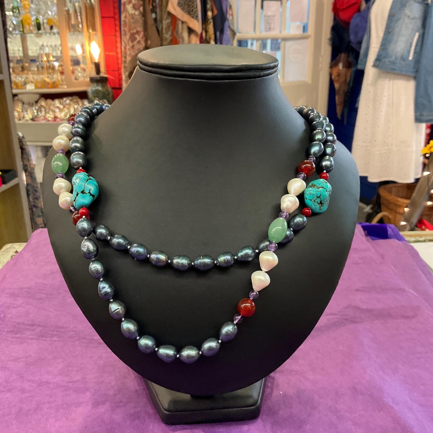 Vintage Flapper Length Fresh Water Pearl, Jade , Amethyst, Turquoise and Carnelian Beaded Gemstone Necklace