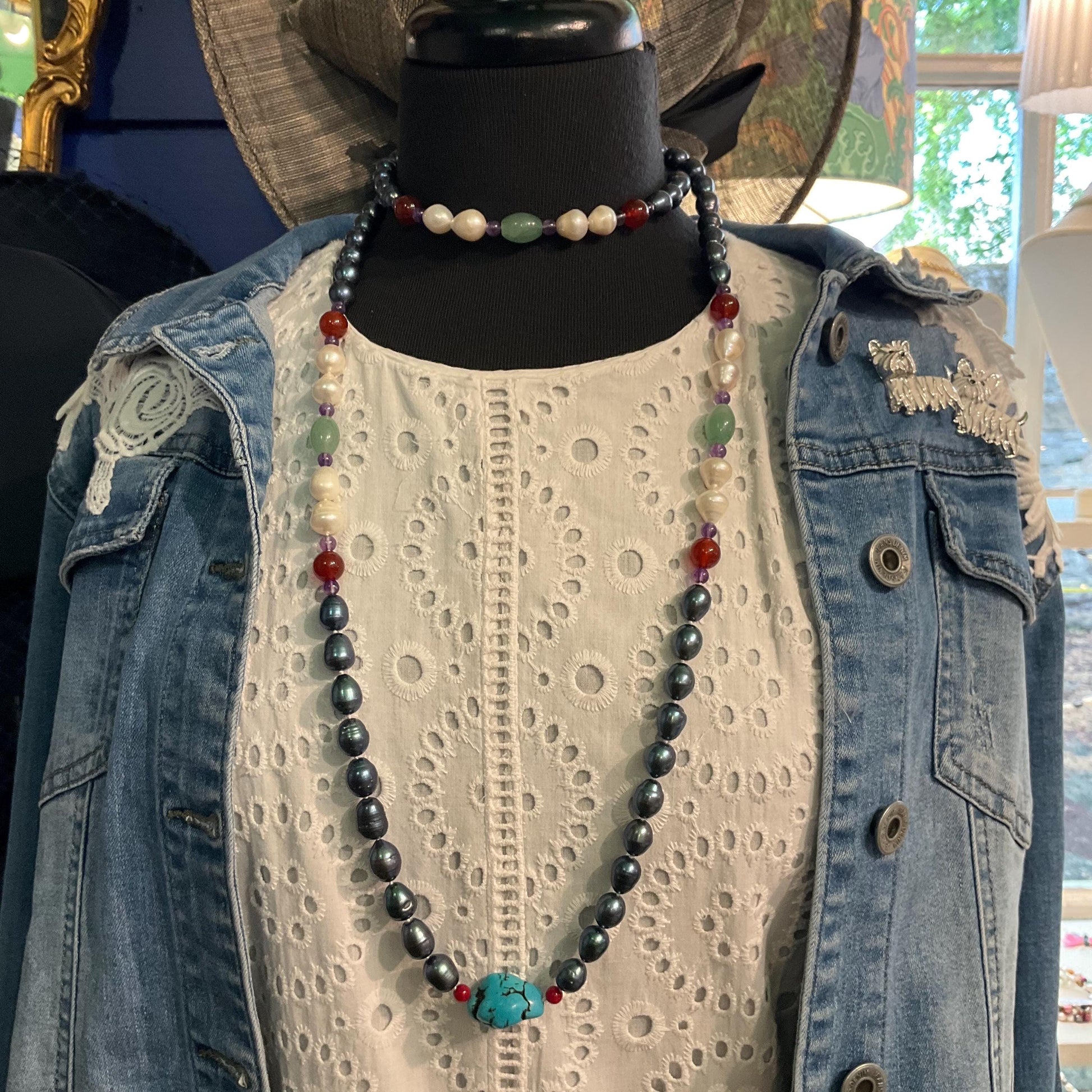 Vintage Flapper Length Fresh Water Pearl, Jade , Amethyst, Turquoise and Carnelian Beaded Gemstone Necklace
