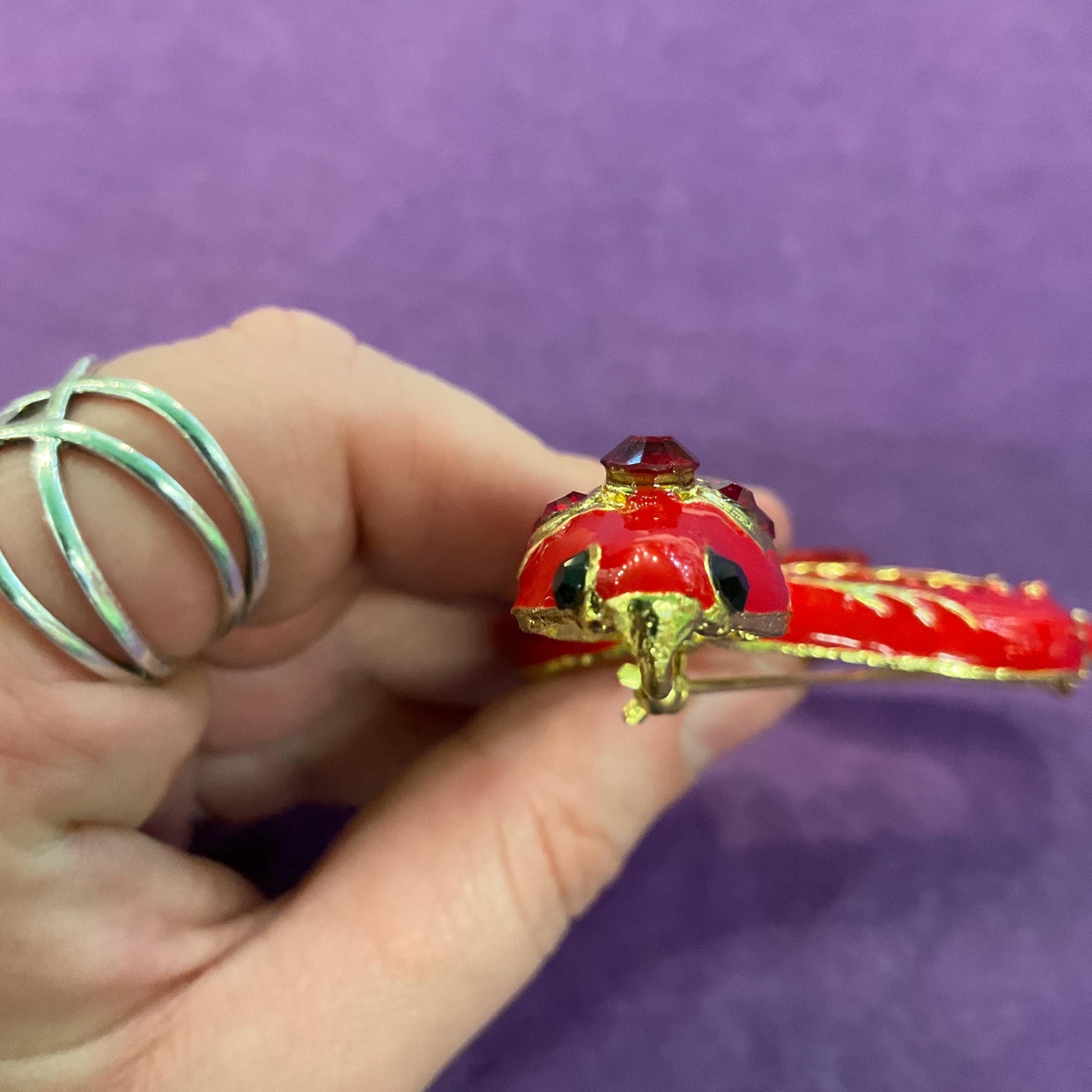 Vintage 1980s Statement Snake Brooch, Gold tone with glossy red enamel and crystals