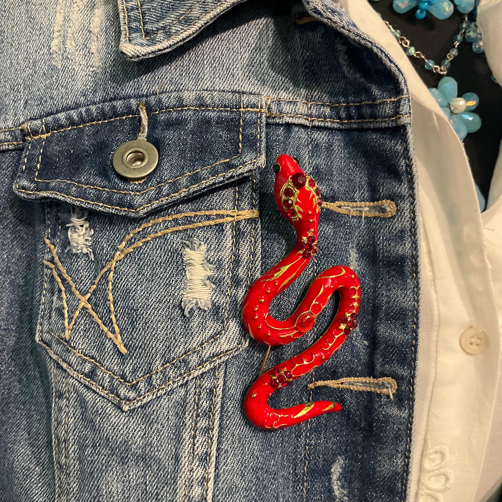 Vintage 1980s Statement Snake Brooch, Gold tone with glossy red enamel and crystals