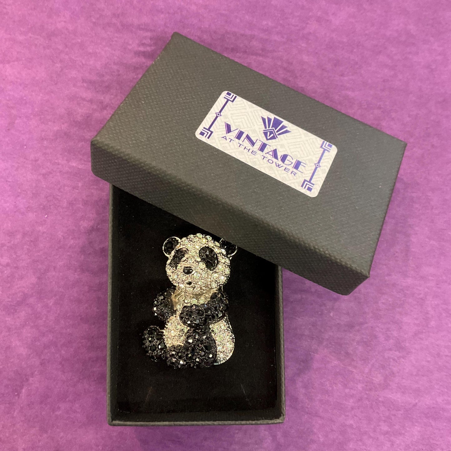 Vintage Black and Silver Crystal Panda Brooch, silver tone with rhinestones and enamel