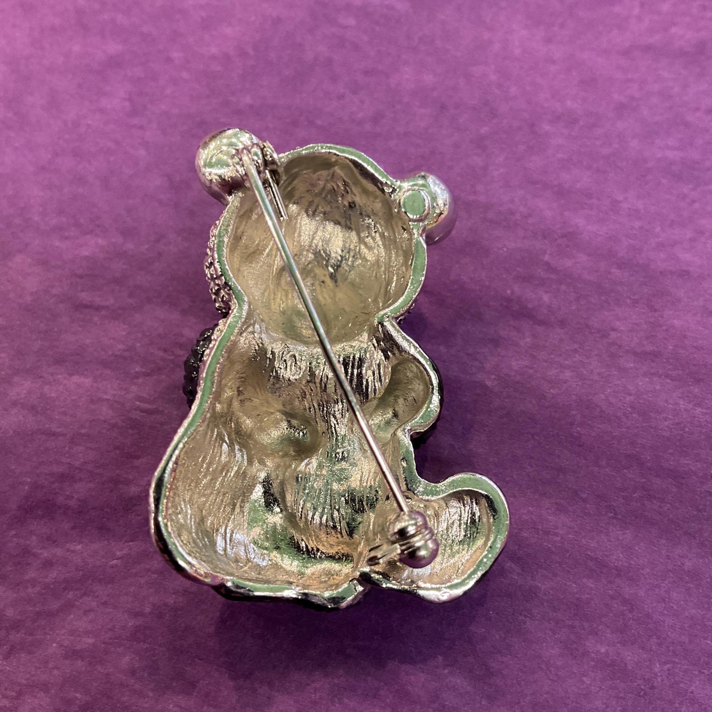 Vintage Black and Silver Crystal Panda Brooch, silver tone with rhinestones and enamel